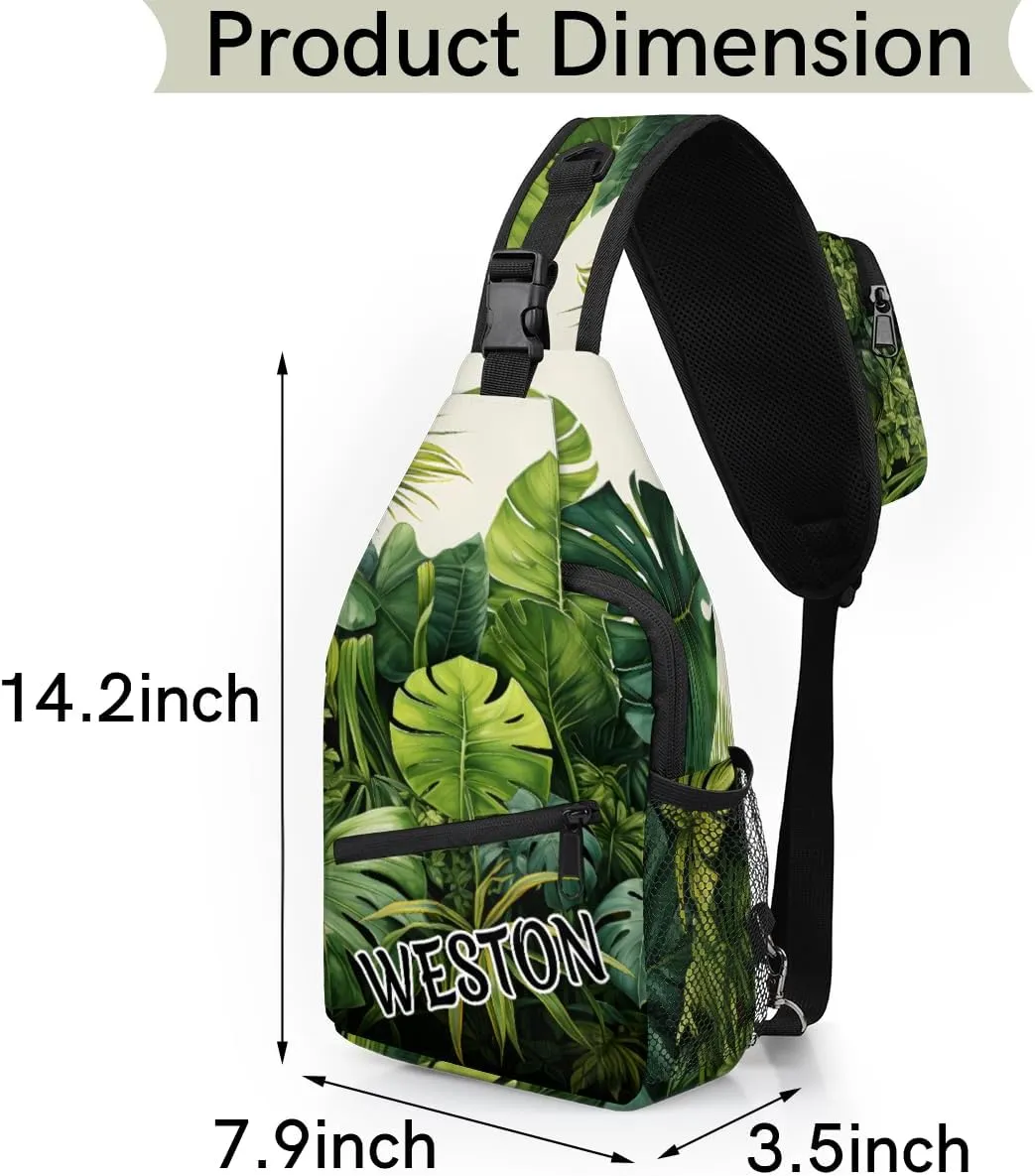 Tropical Jungle Palms Custom Sling Bag with name, Personalized Crossbody Sling Backpack for Women Men Outdoor Sports Chest Bag