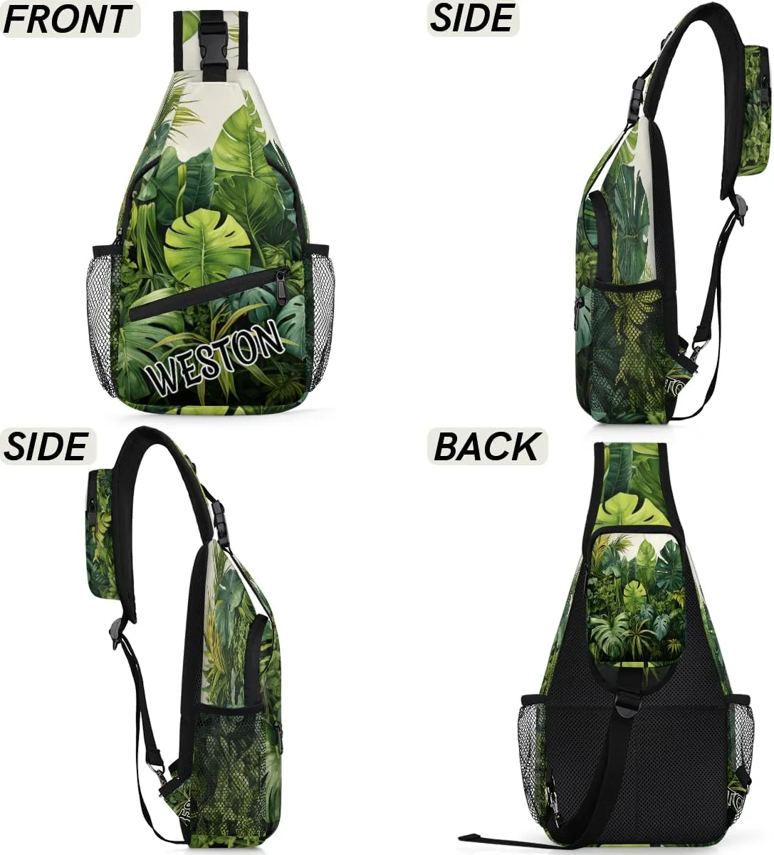 Tropical Jungle Palms Custom Sling Bag with name, Personalized Crossbody Sling Backpack for Women Men Outdoor Sports Chest Bag