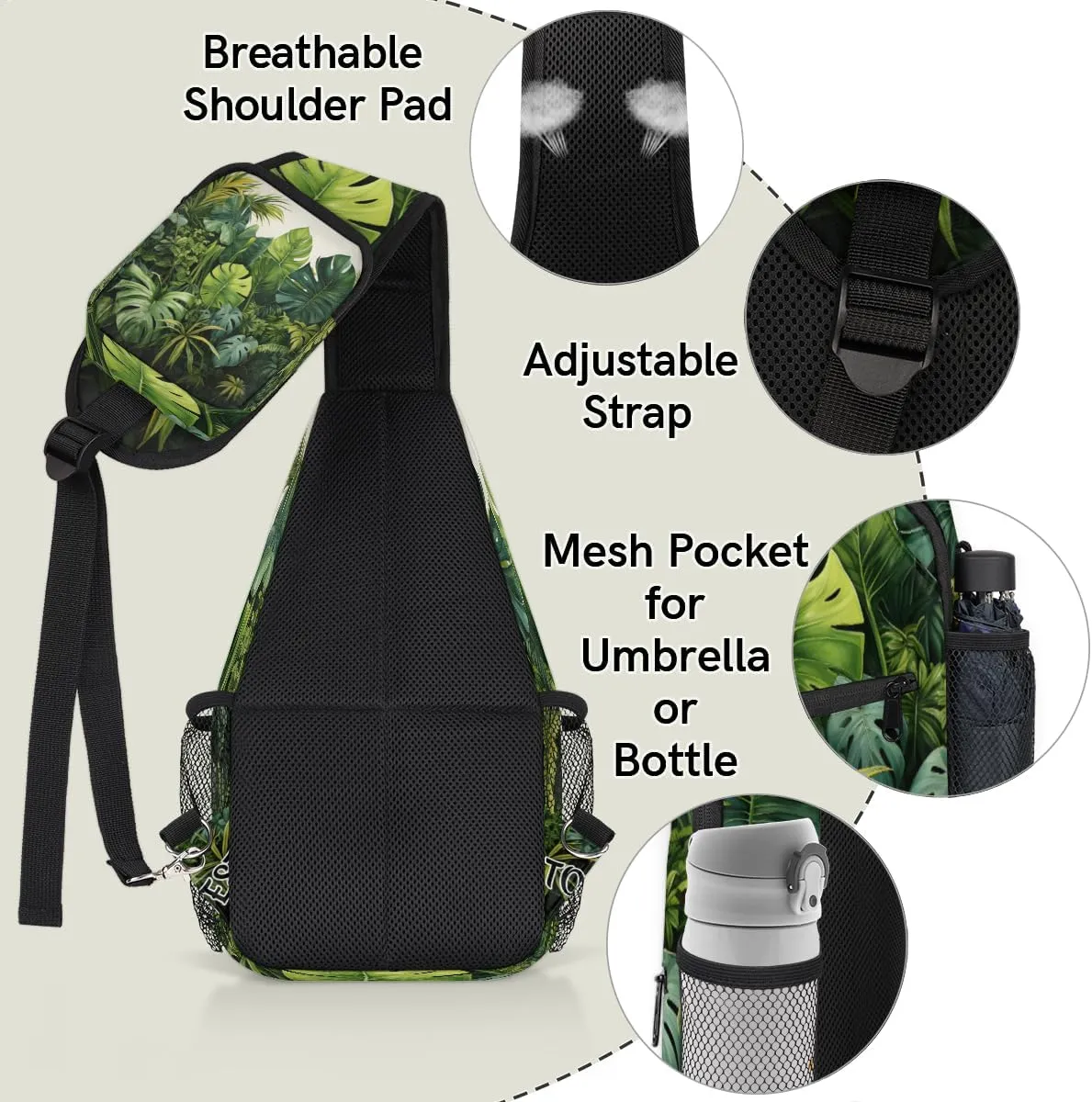 Tropical Jungle Palms Custom Sling Bag with name, Personalized Crossbody Sling Backpack for Women Men Outdoor Sports Chest Bag