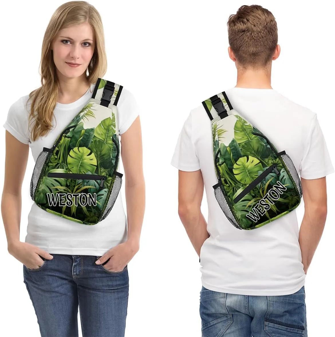 Tropical Jungle Palms Custom Sling Bag with name, Personalized Crossbody Sling Backpack for Women Men Outdoor Sports Chest Bag