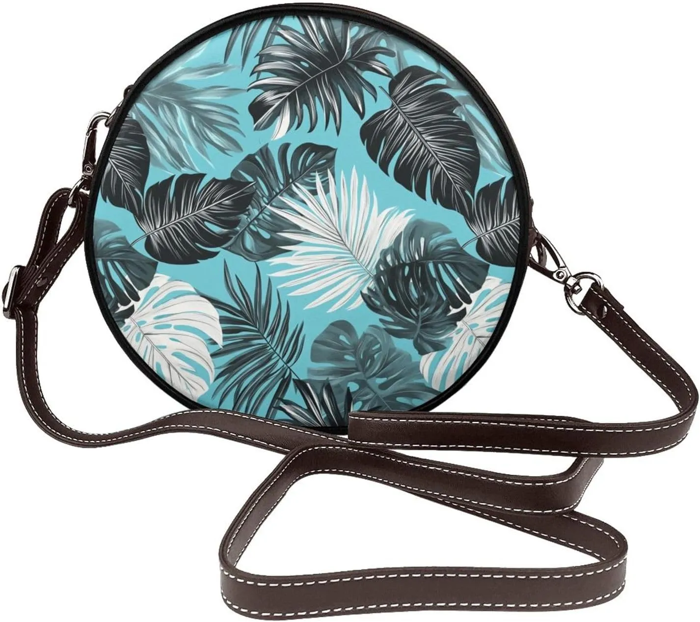 Tropical Leaves Women Round Crossbody Bags Leather Sling Bag Purse