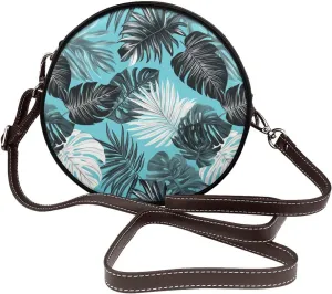 Tropical Leaves Women Round Crossbody Bags Leather Sling Bag Purse