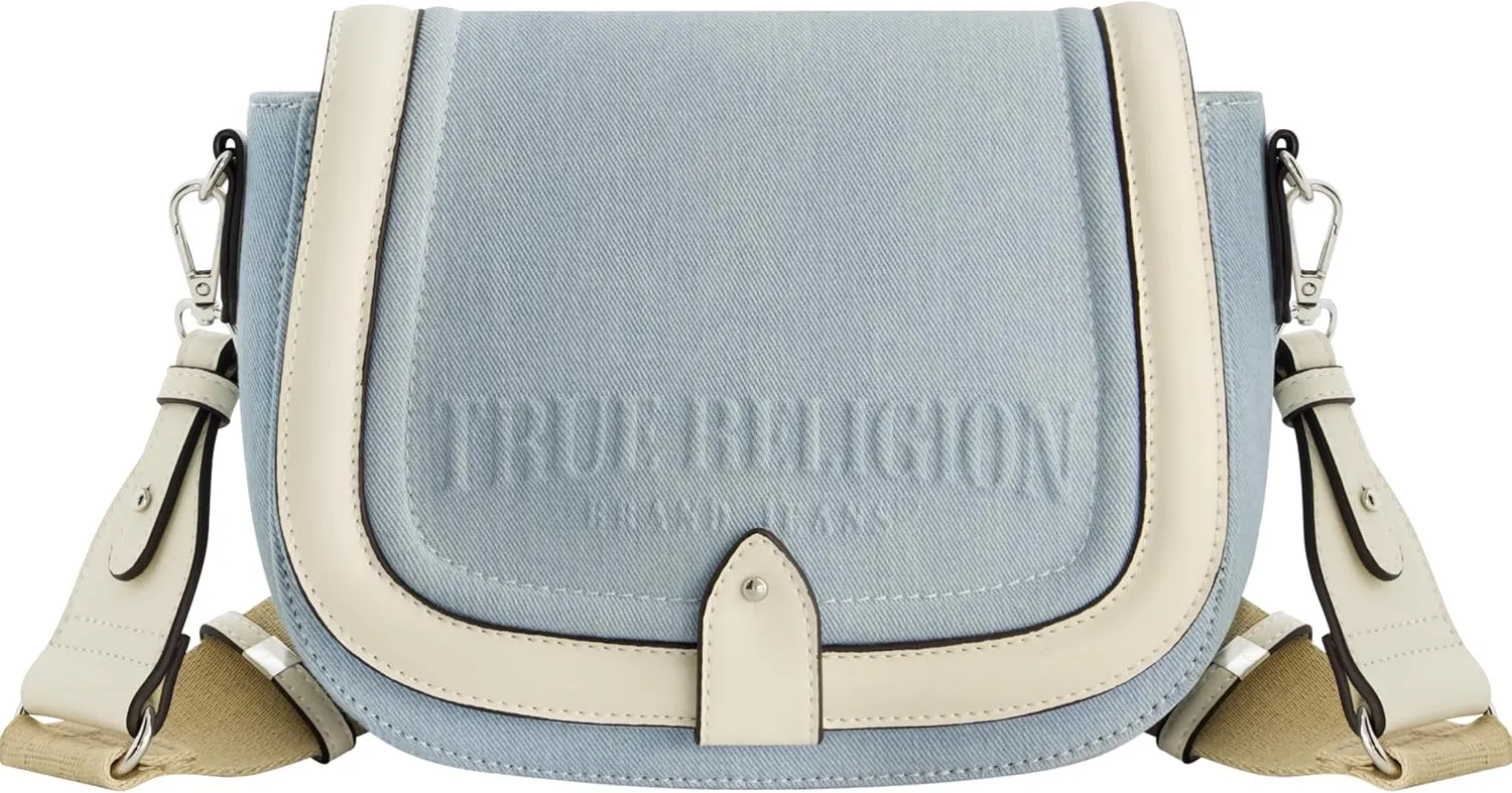 True Religion Saddle Bag, Women's Denim and Faux Leather Crossbody Purse with Adjustable Shoulder Strap, Light Blue