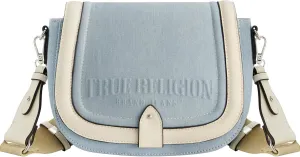 True Religion Saddle Bag, Women's Denim and Faux Leather Crossbody Purse with Adjustable Shoulder Strap, Light Blue