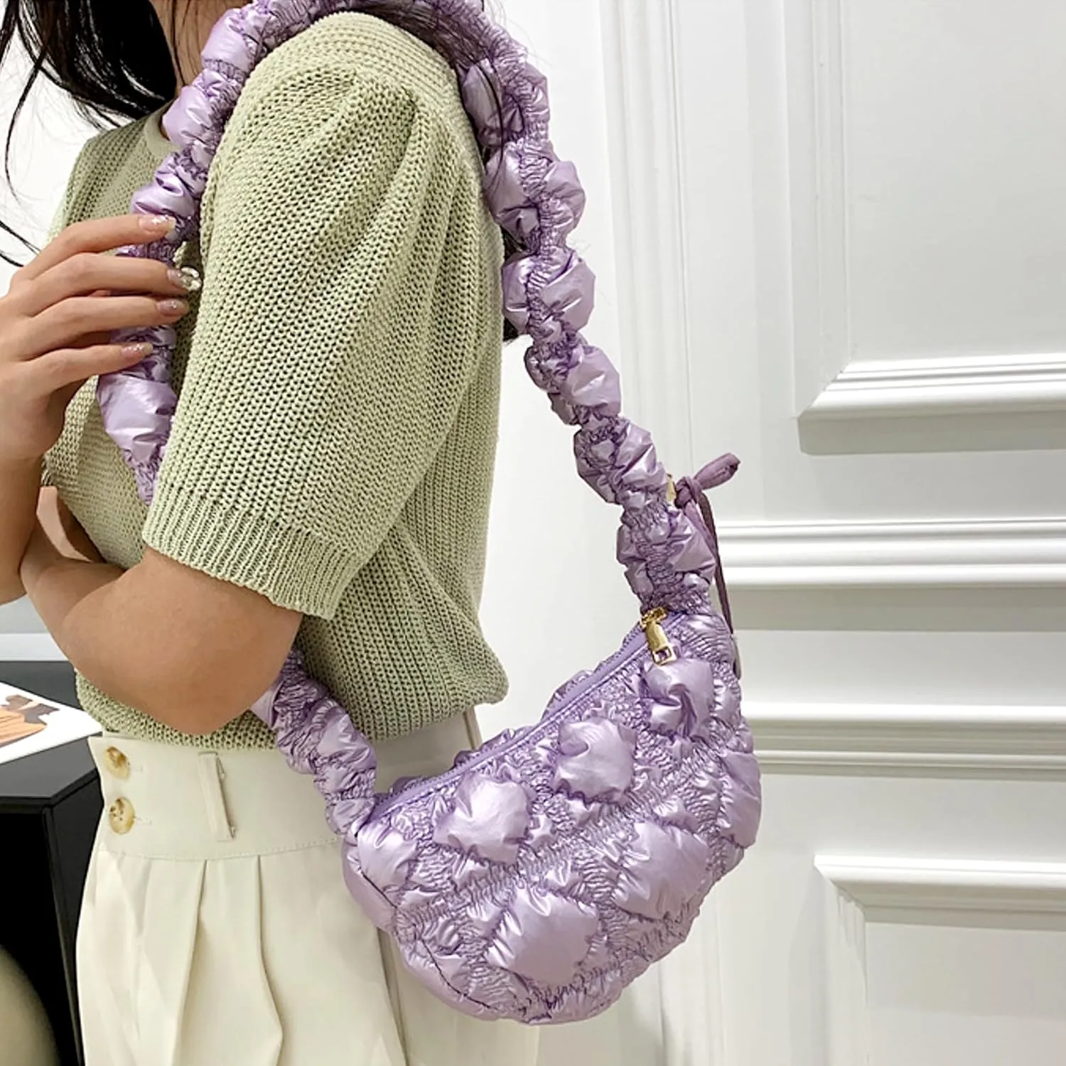 TWO KAT Metallic Quilted Shoulder Tote Purse Adjustable Strap Women, Puffer Hobo Crossbody Handbag, Lightweight Sling Bags