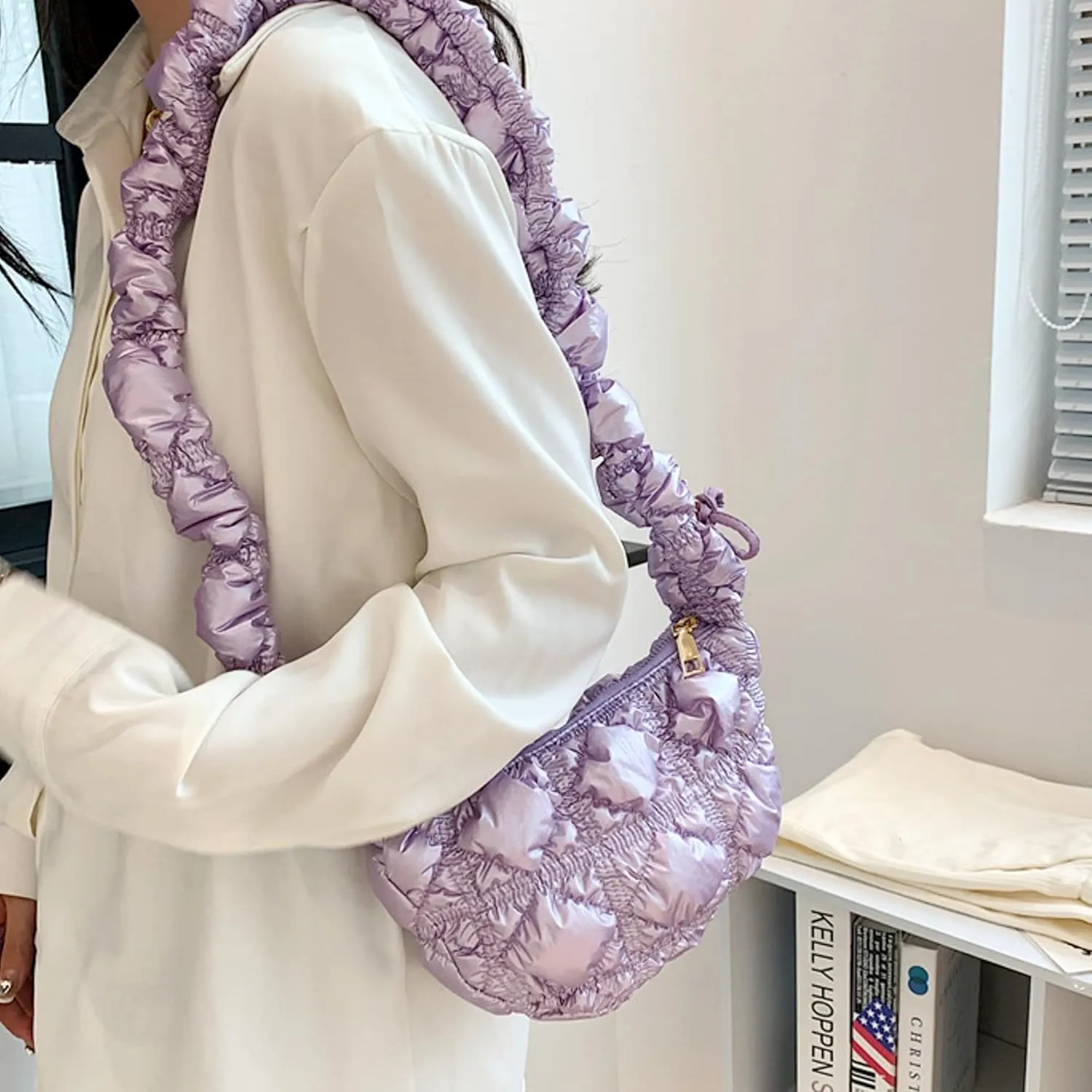 TWO KAT Metallic Quilted Shoulder Tote Purse Adjustable Strap Women, Puffer Hobo Crossbody Handbag, Lightweight Sling Bags