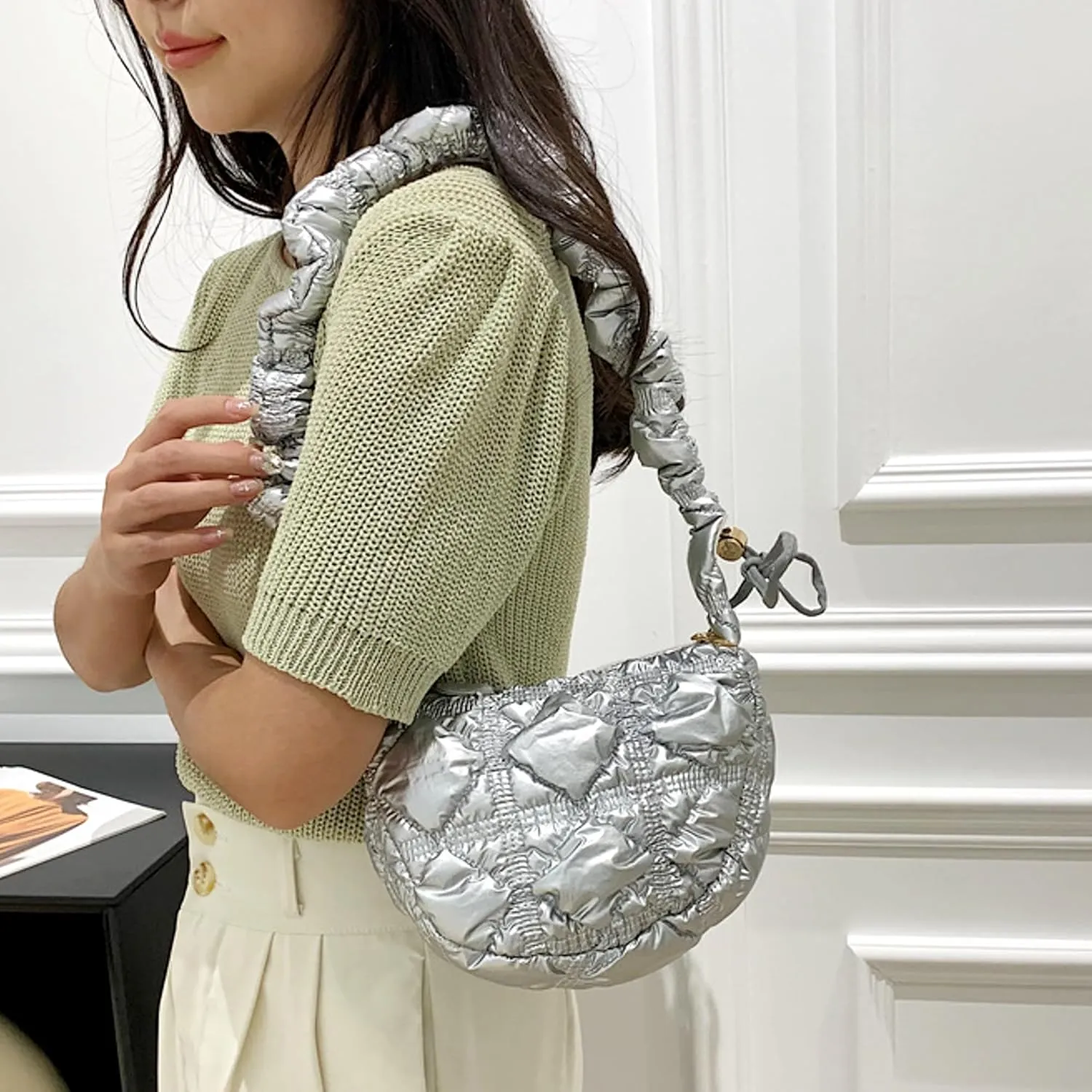 TWO KAT Metallic Quilted Shoulder Tote Purse Adjustable Strap Women, Puffer Hobo Crossbody Handbag, Lightweight Sling Bags