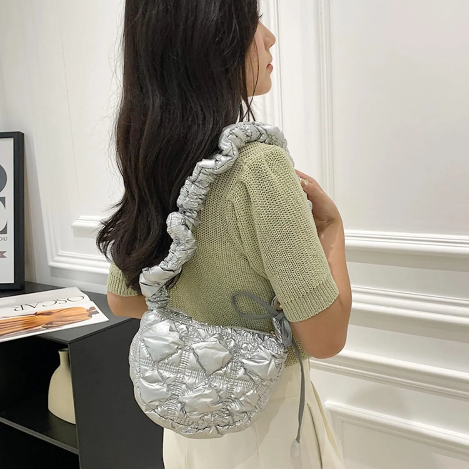 TWO KAT Metallic Quilted Shoulder Tote Purse Adjustable Strap Women, Puffer Hobo Crossbody Handbag, Lightweight Sling Bags