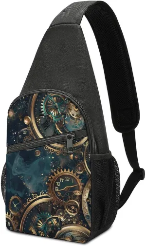Two Steampunk Clocks with Gears Crossbody Bags for Women Men Sling Bag Bakpack Shoulder Bag Travel Hiking Daypack