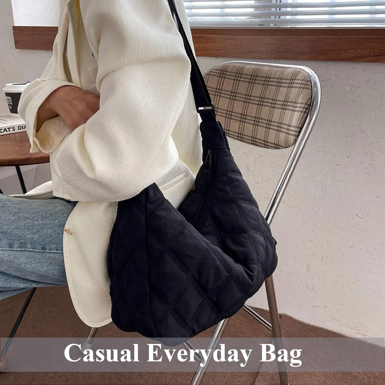 UERRUAM Puffer Tote Bag for Women Quilted Crossbody Bag Crescent Nylon Shoulder Bag Hobo Bag with Zipper