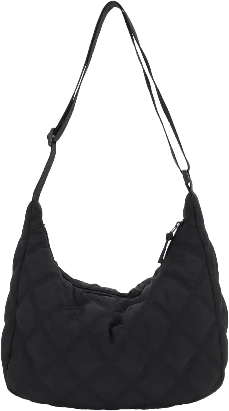 UERRUAM Puffer Tote Bag for Women Quilted Crossbody Bag Crescent Nylon Shoulder Bag Hobo Bag with Zipper
