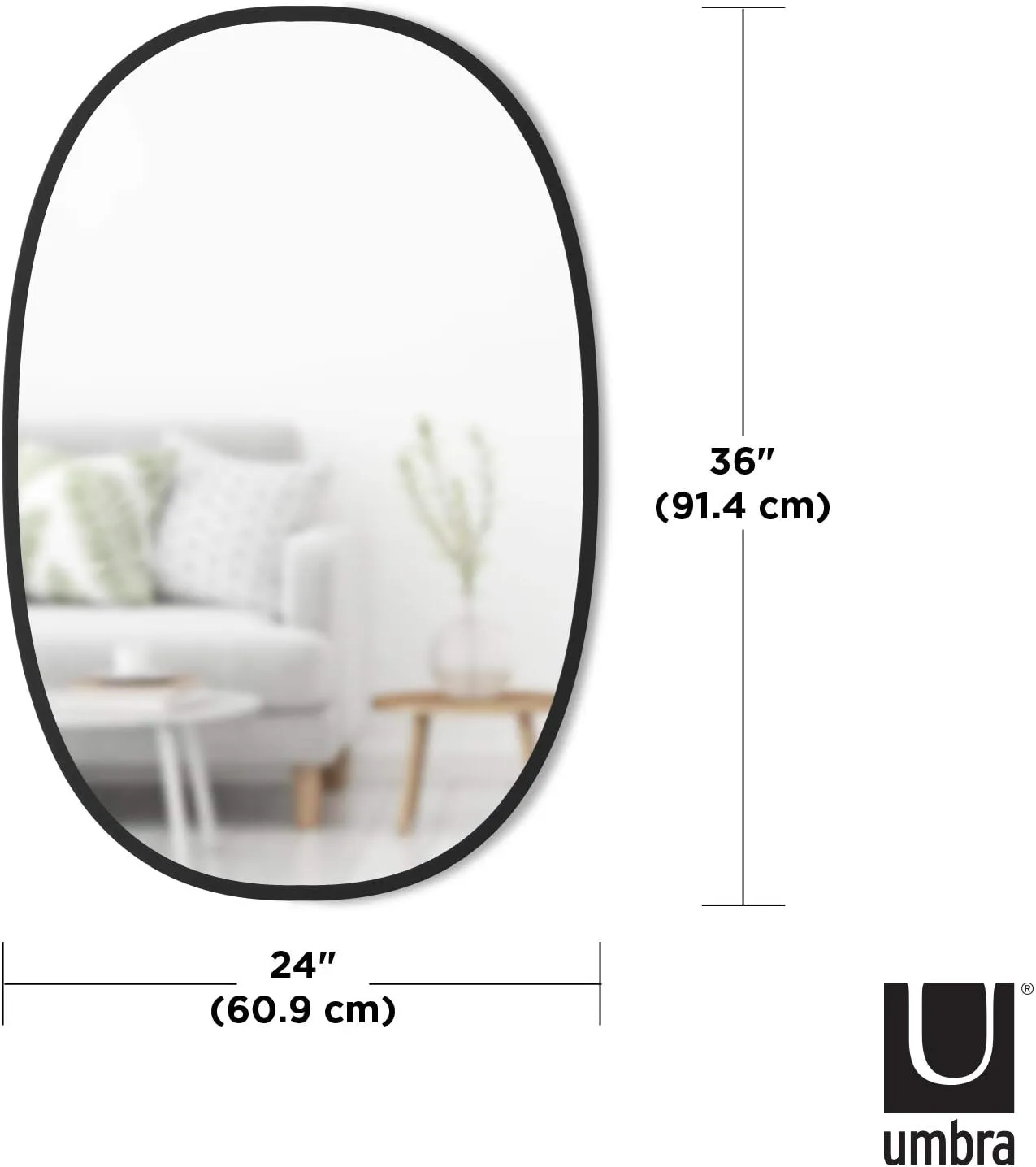 Umbra Hub Oval Wall Mirror with Rubber Frame, Modern Style for Bathroom, Entryway, Living Room and More, 24 x 36-Inch, Black