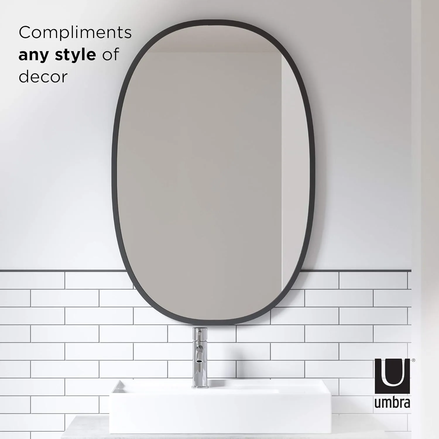 Umbra Hub Oval Wall Mirror with Rubber Frame, Modern Style for Bathroom, Entryway, Living Room and More, 24 x 36-Inch, Black