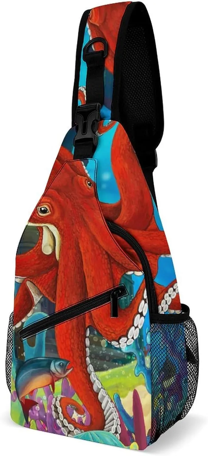 Underwater Castle Octopus Crossbody Bag Multipurpose Over Shoulder Sling Backpack Travel Chest Side Pouch Daypack