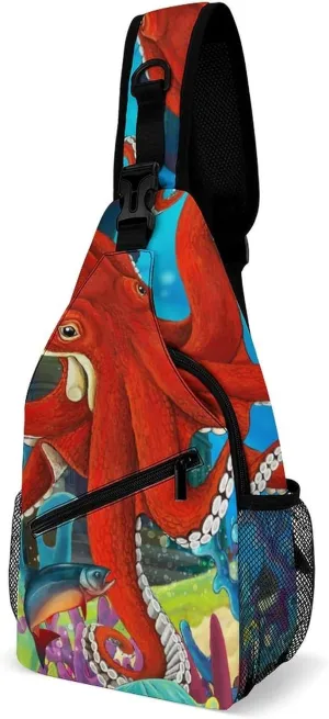 Underwater Castle Octopus Crossbody Bag Multipurpose Over Shoulder Sling Backpack Travel Chest Side Pouch Daypack