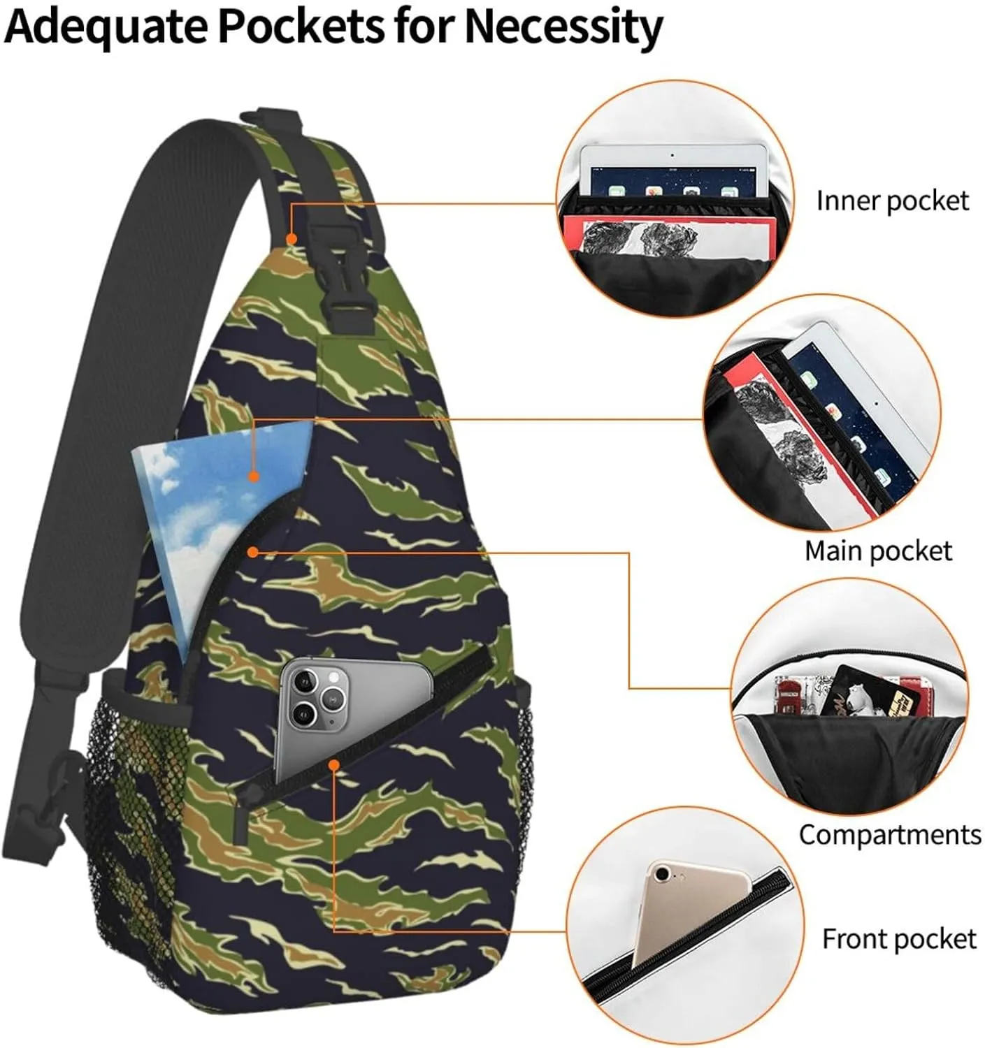 Unisex Sling Bag Crossbody Backpack for Women Men Chest Shoulder Daypack Trendy for Hiking Travel Gym Sport (for Army Green Camouflage Vietnam Tiger Stripe Camo)