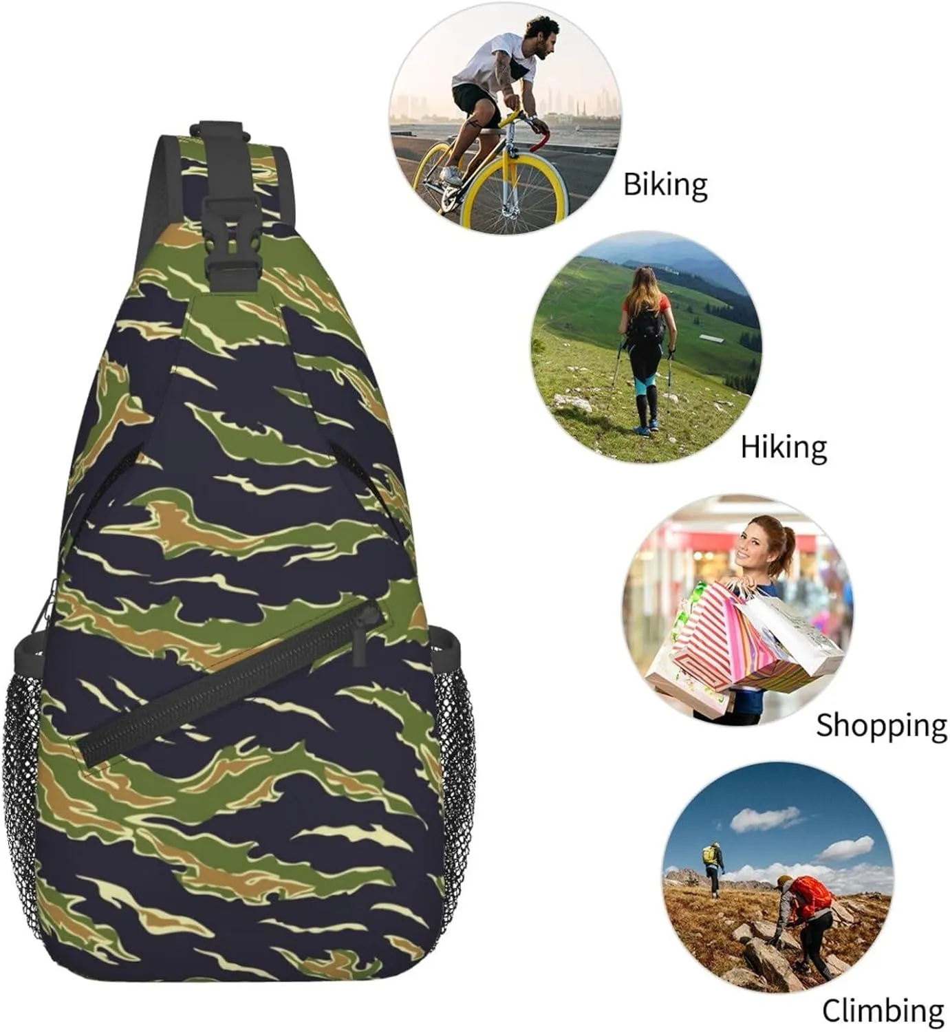 Unisex Sling Bag Crossbody Backpack for Women Men Chest Shoulder Daypack Trendy for Hiking Travel Gym Sport (for Army Green Camouflage Vietnam Tiger Stripe Camo)