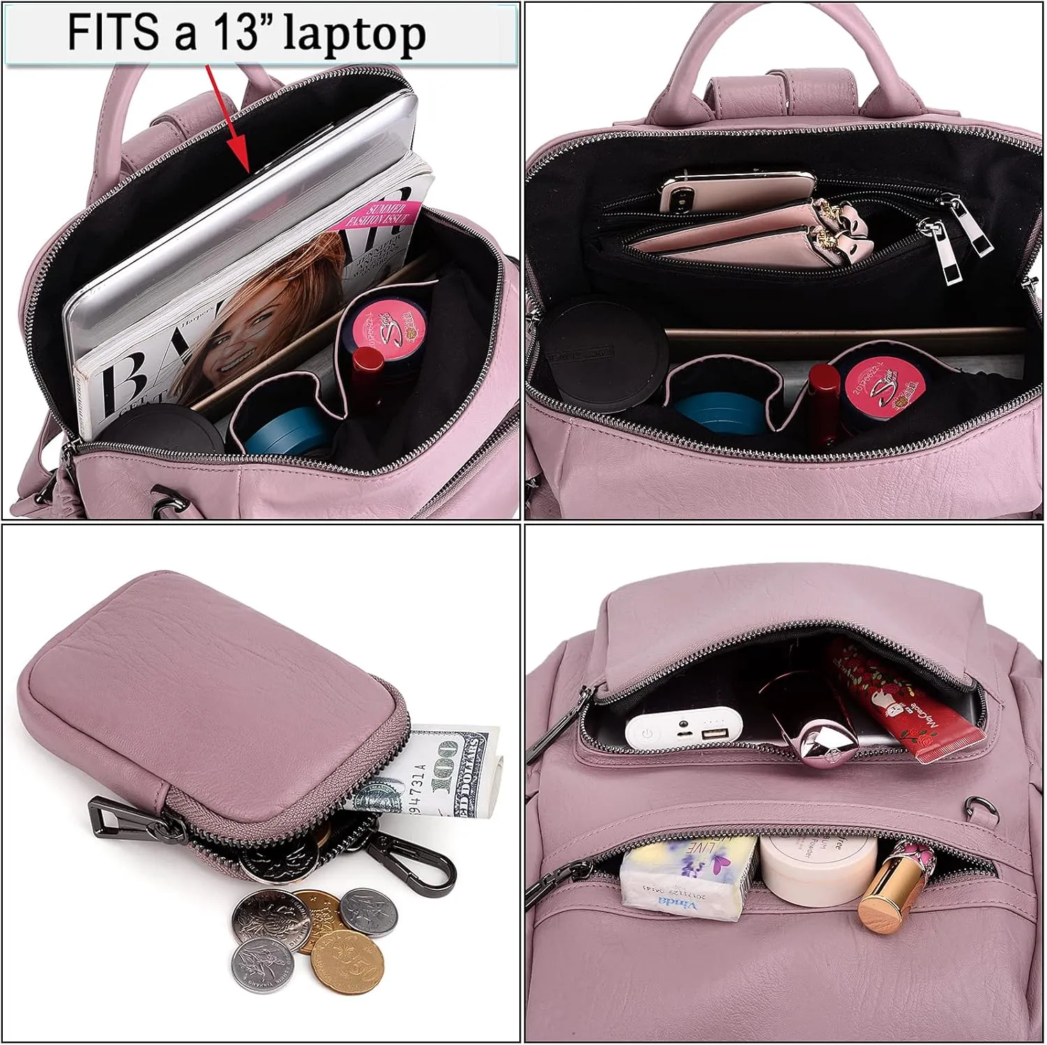 UTO Women Backpack Purse Leather Vegan Convertible Ladies Rucksack Zipper Pocket Shoulder Bag with Detachable Pouch