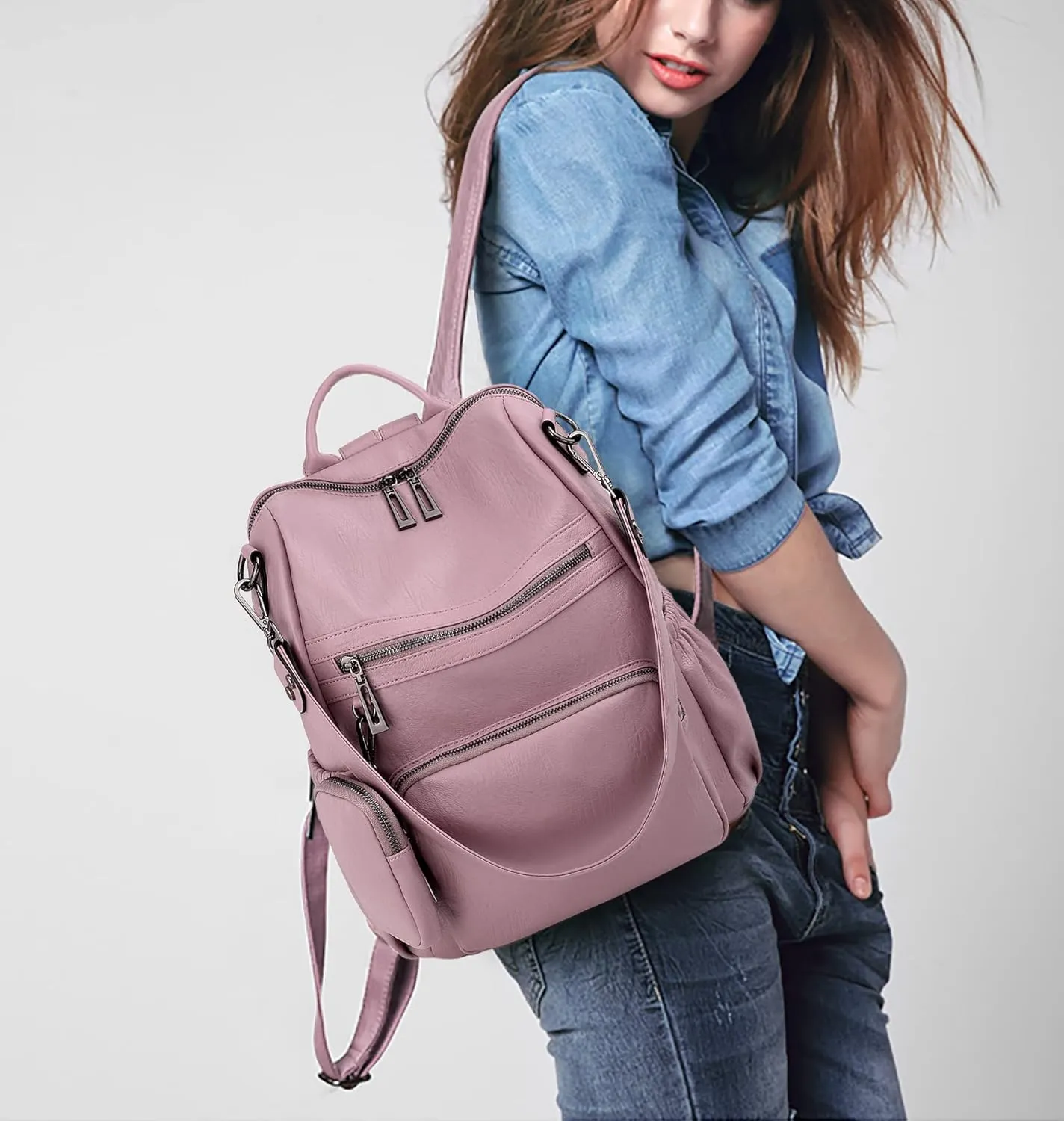 UTO Women Backpack Purse Leather Vegan Convertible Ladies Rucksack Zipper Pocket Shoulder Bag with Detachable Pouch