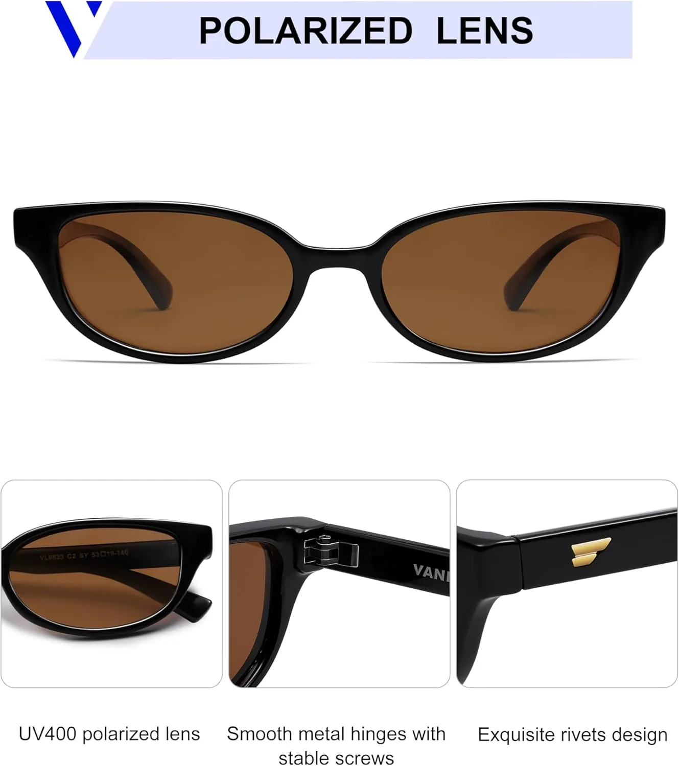VANLINKER Retro Semi Oval Polarized Sunglasses for Women Men Trendy Small 90s Style Vintage Narrow Rectangle Frame VL9833