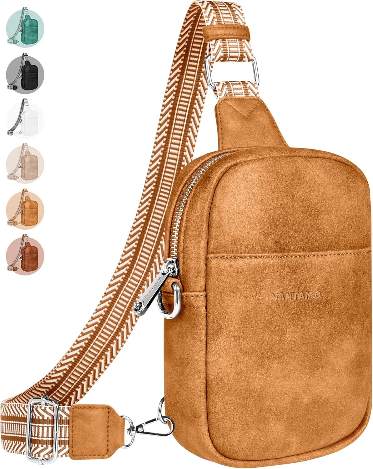 Vantamo Sling Bag for Women 29"-52" Adjustable Strap, Extra Safe Cross Body Bags for Women with RFID & Anti-Pickpocket Clip, PU Leather Fanny Pack with Gift Box, Tan Crossbody Bag