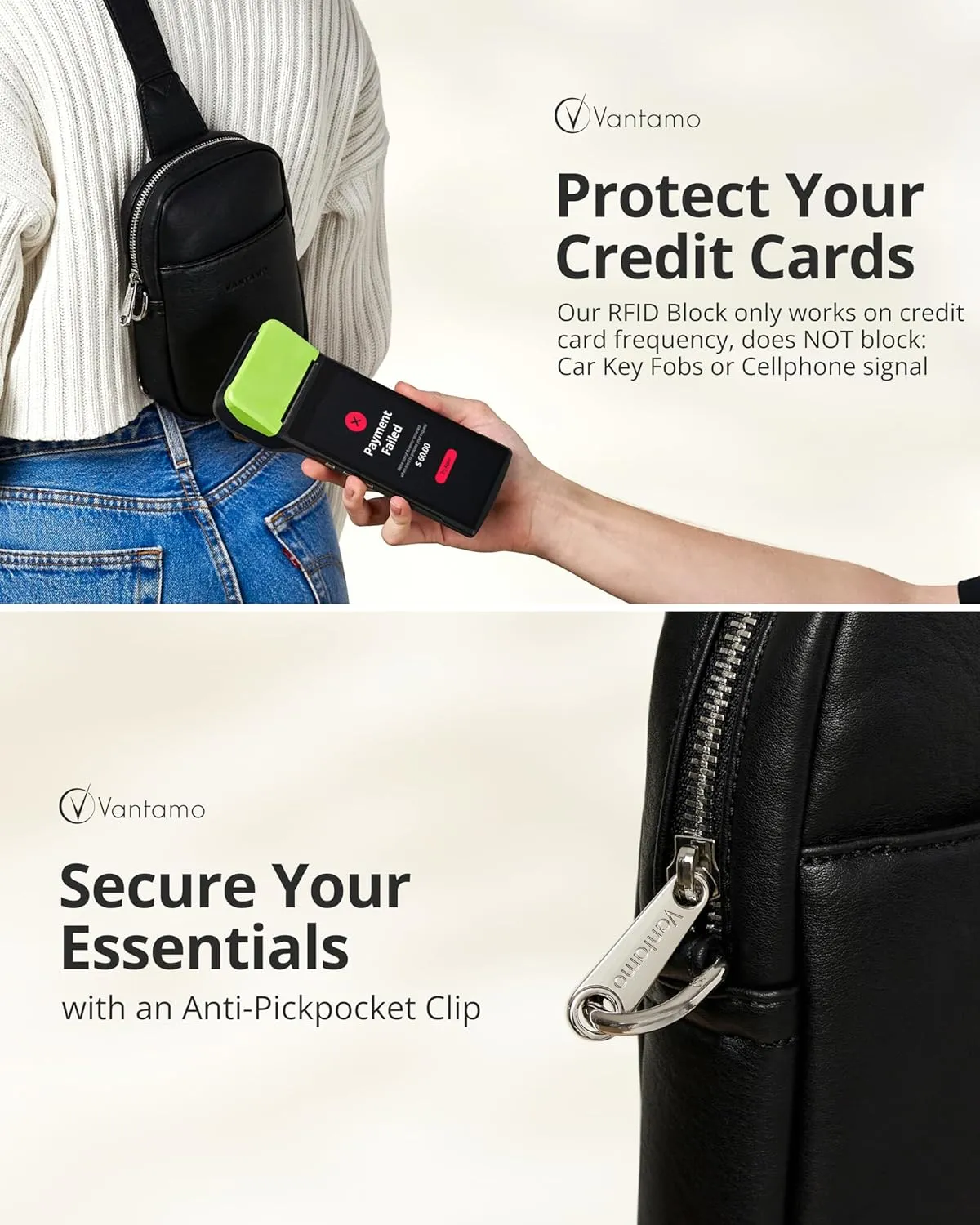 Vantamo Sling Bag for Women Adjustable Strap, RFID & Anti-Pickpocket Clip Cross Body Bags for Women, PU Leather Fanny Pack