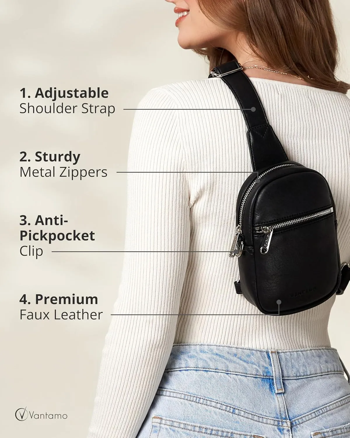 Vantamo Small Crossbody Bags for Women, Sling Bag with RFID & Anti-Pickpocket Clip, Adjustable Strap Cross Body Fanny Packs