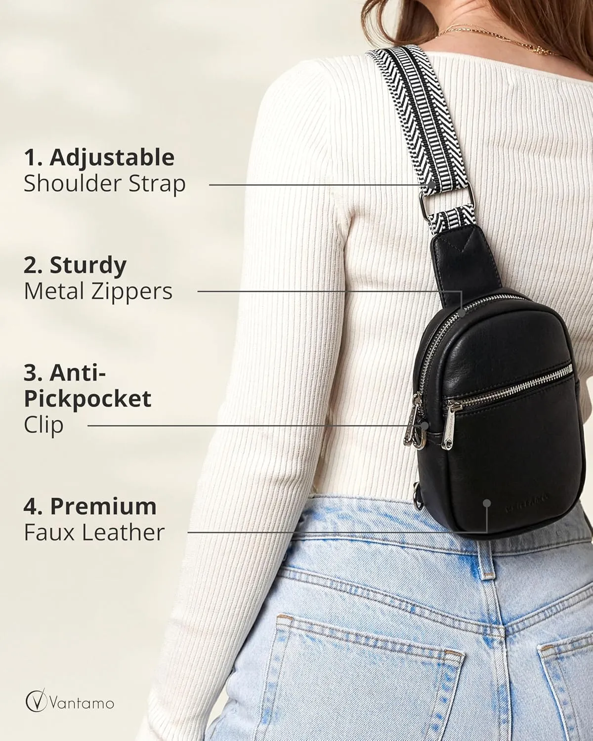 Vantamo Small Crossbody Bags for Women, Sling Bag with RFID & Anti-Pickpocket Clip, Adjustable Strap Cross Body Fanny Packs