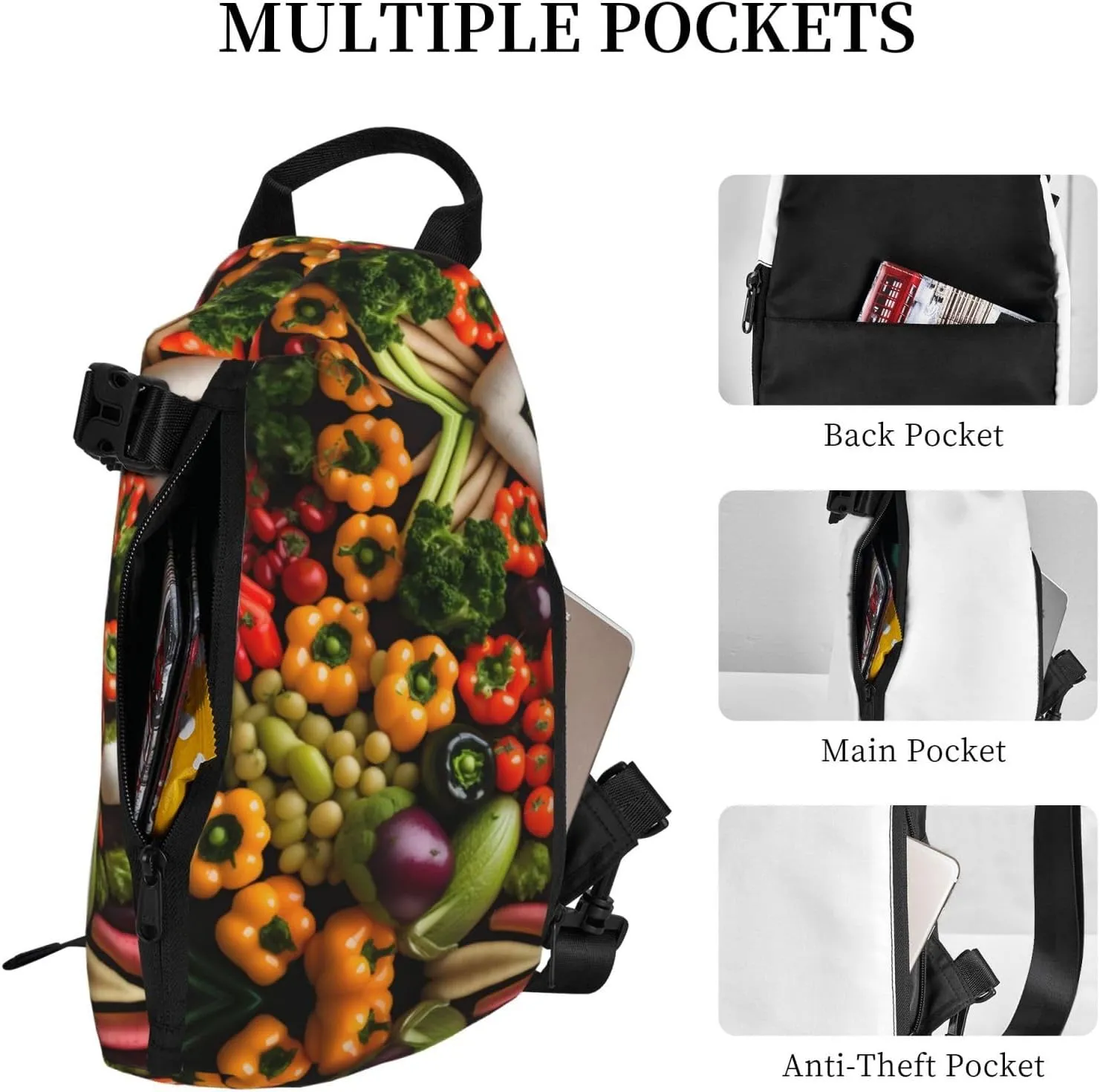 Variety Fresh Vegetables Fruits Print Crossbody Backpack Casual Sling Bag Travel Lightweight, Adjustable Cross Bag