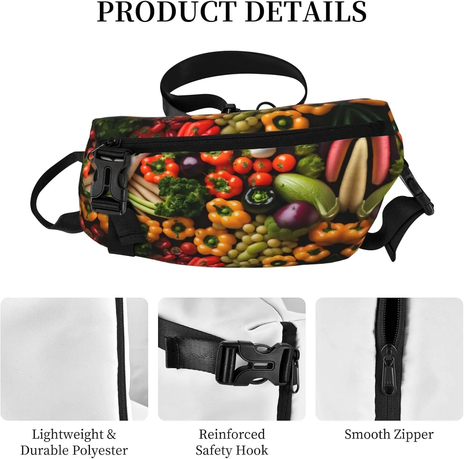 Variety Fresh Vegetables Fruits Print Crossbody Backpack Casual Sling Bag Travel Lightweight, Adjustable Cross Bag
