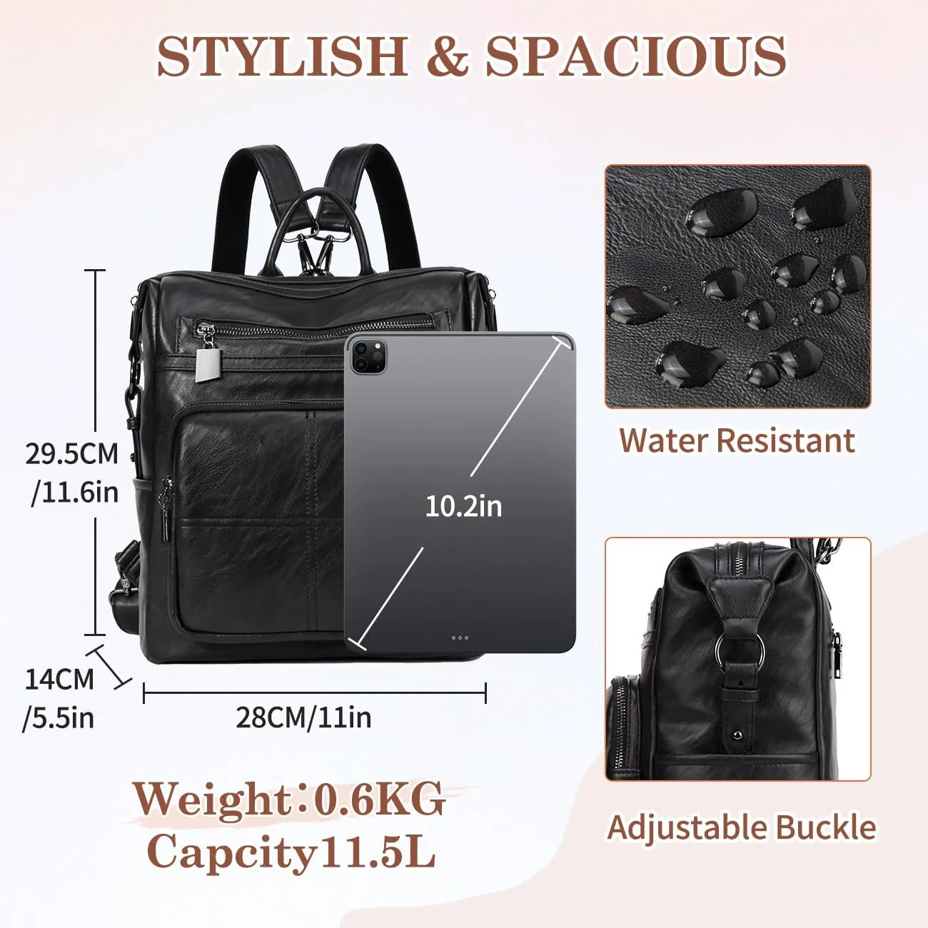 VASCHY Backpack Purse for Women,Fashion Convertible Vegan Leather Shoulder Bags Handbags for Work/Travel/Ladies/College Black