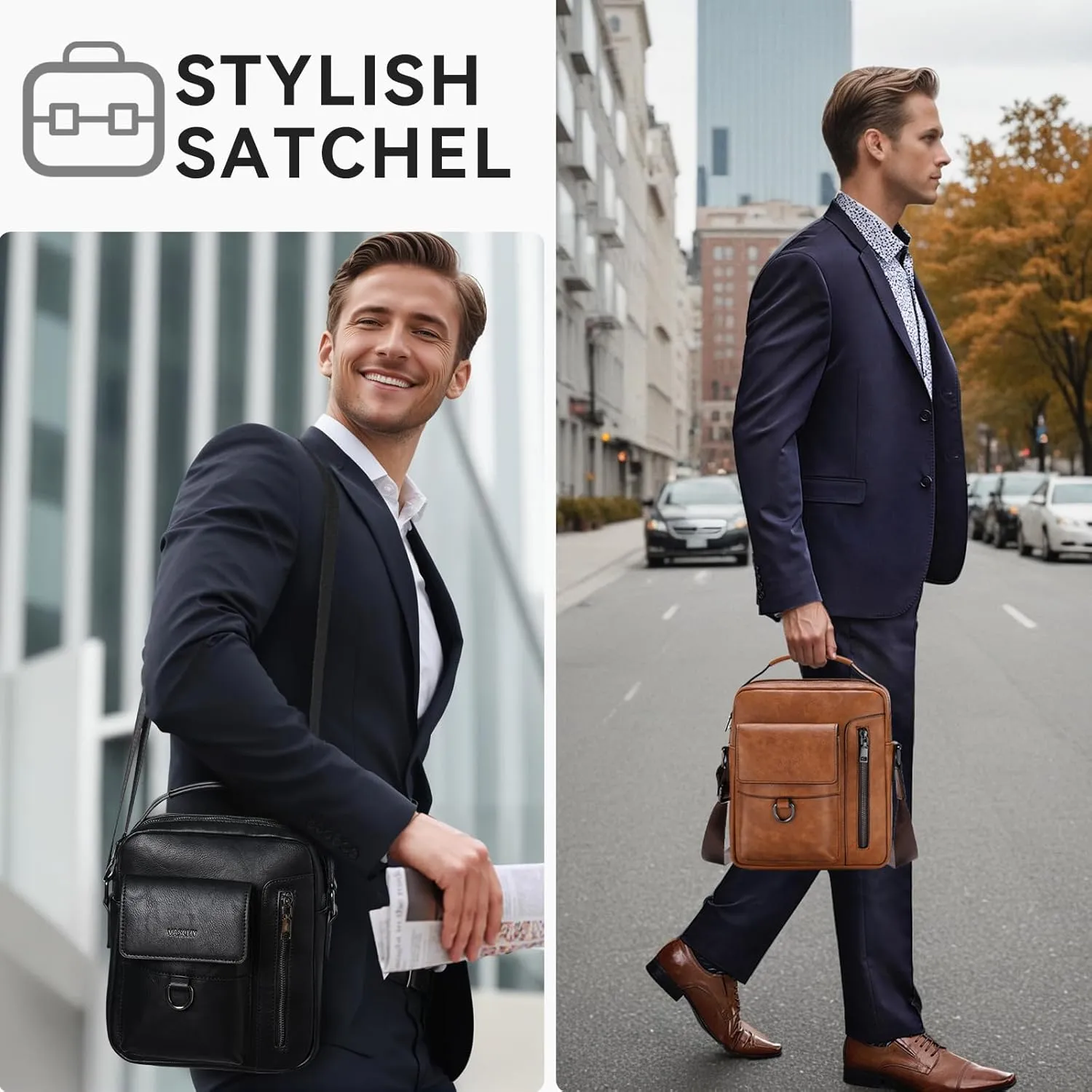 VASCHY Leather Messenger Bag For Men, Medium Satchel Crossbody Handbag Shoulder Sling Travel Side Bags Purse for Men