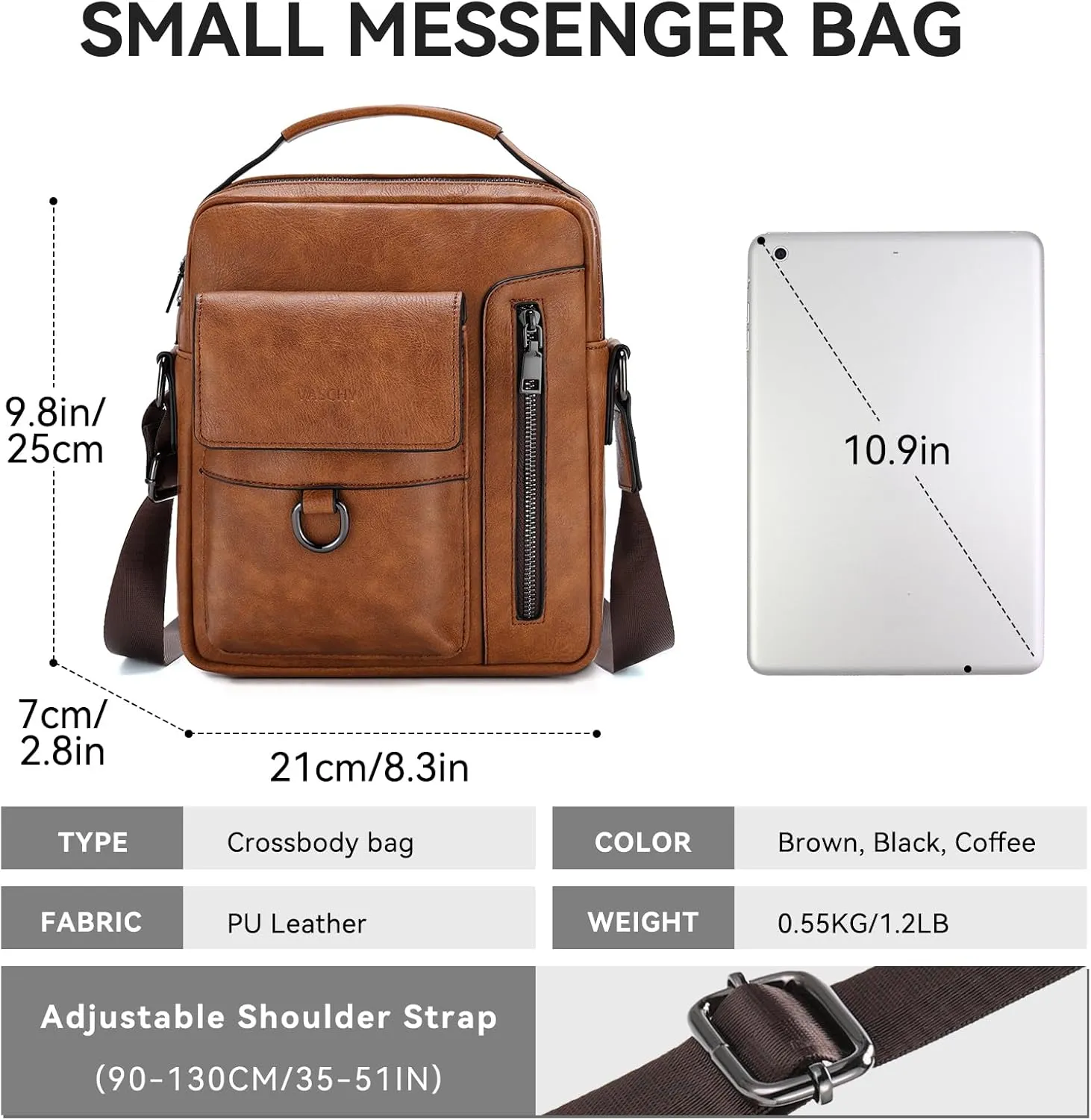 VASCHY Leather Messenger Bag For Men, Medium Satchel Crossbody Handbag Shoulder Sling Travel Side Bags Purse for Men
