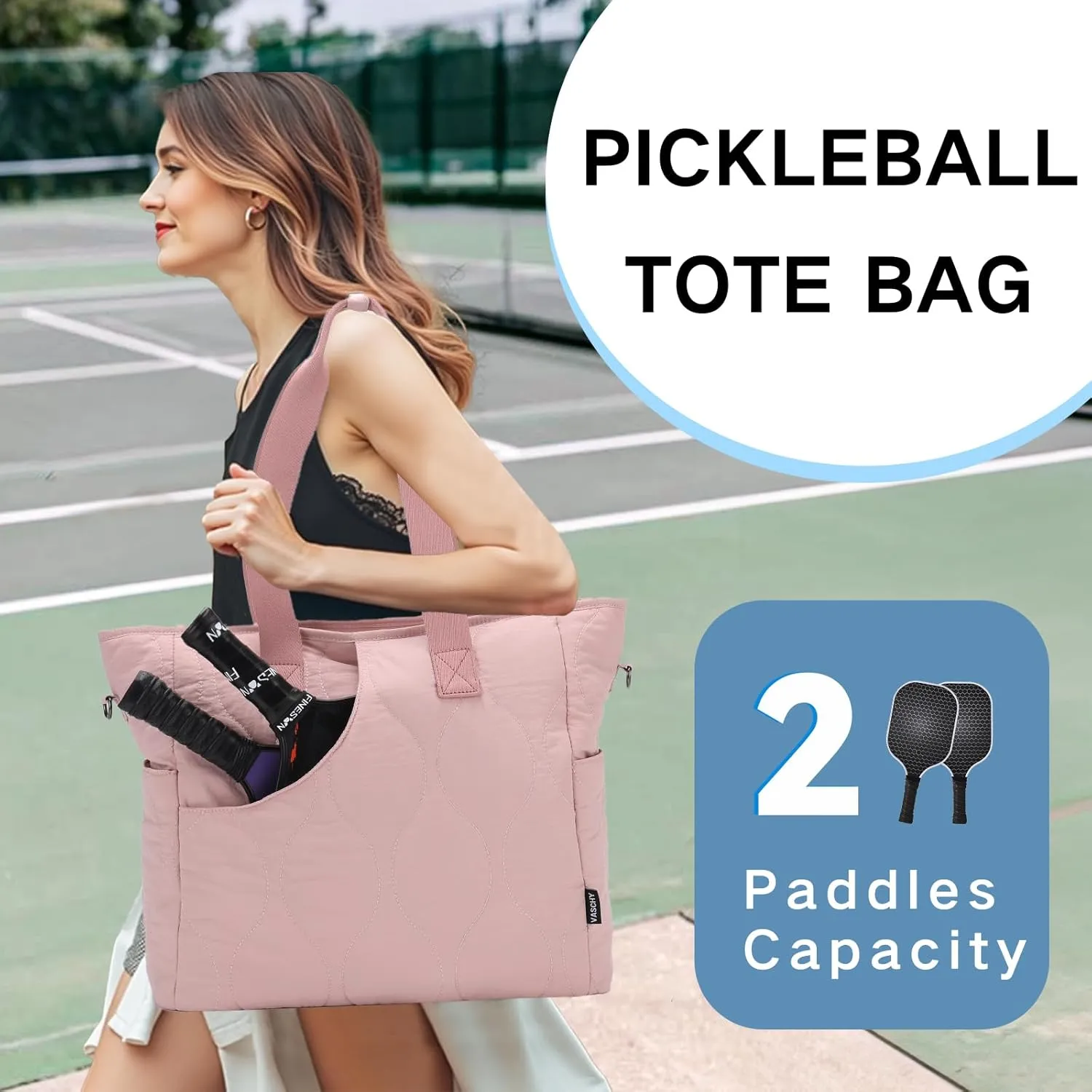 VASCHY Pickleball Tote Bags For Women With Fence Hook, Quilted Puffer Pickleball Paddle Holder Case Gym/Sports Tote