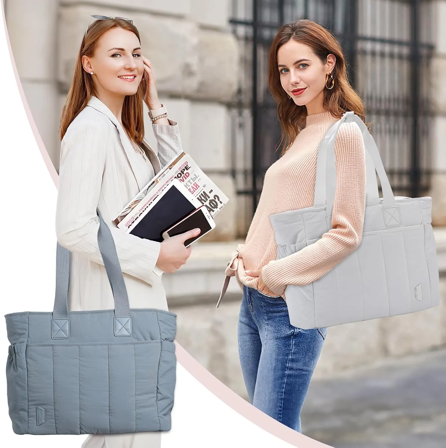 VASCHY Puffer Tote Bag for Women, Lightweight Quilted Tote Purse with Laptop Compartments Zipper for Work/Teacher/Travel/Gym Light Steel Blue