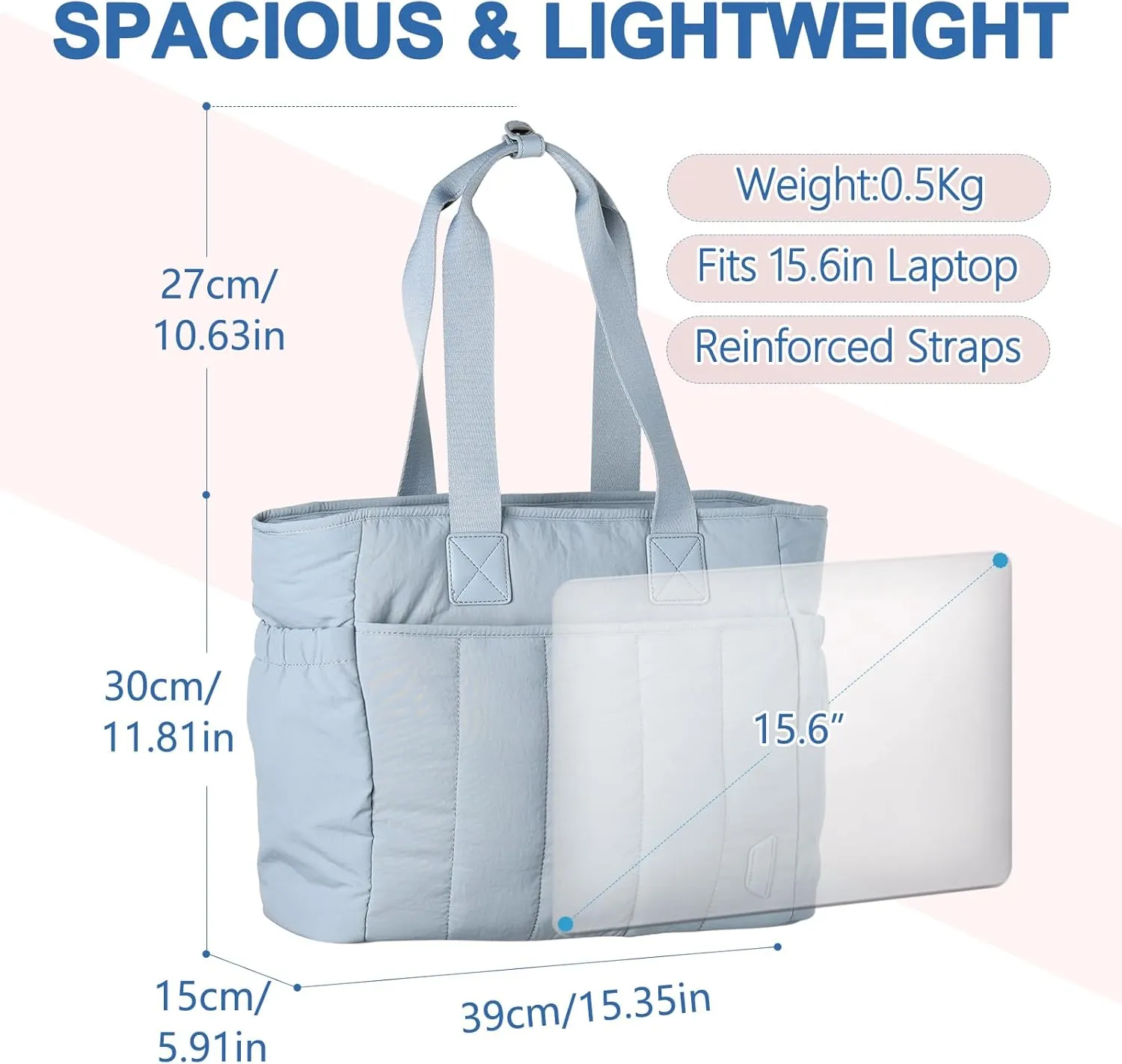 VASCHY Puffer Tote Bag for Women, Lightweight Quilted Tote Purse with Laptop Compartments Zipper for Work/Teacher/Travel/Gym Light Steel Blue
