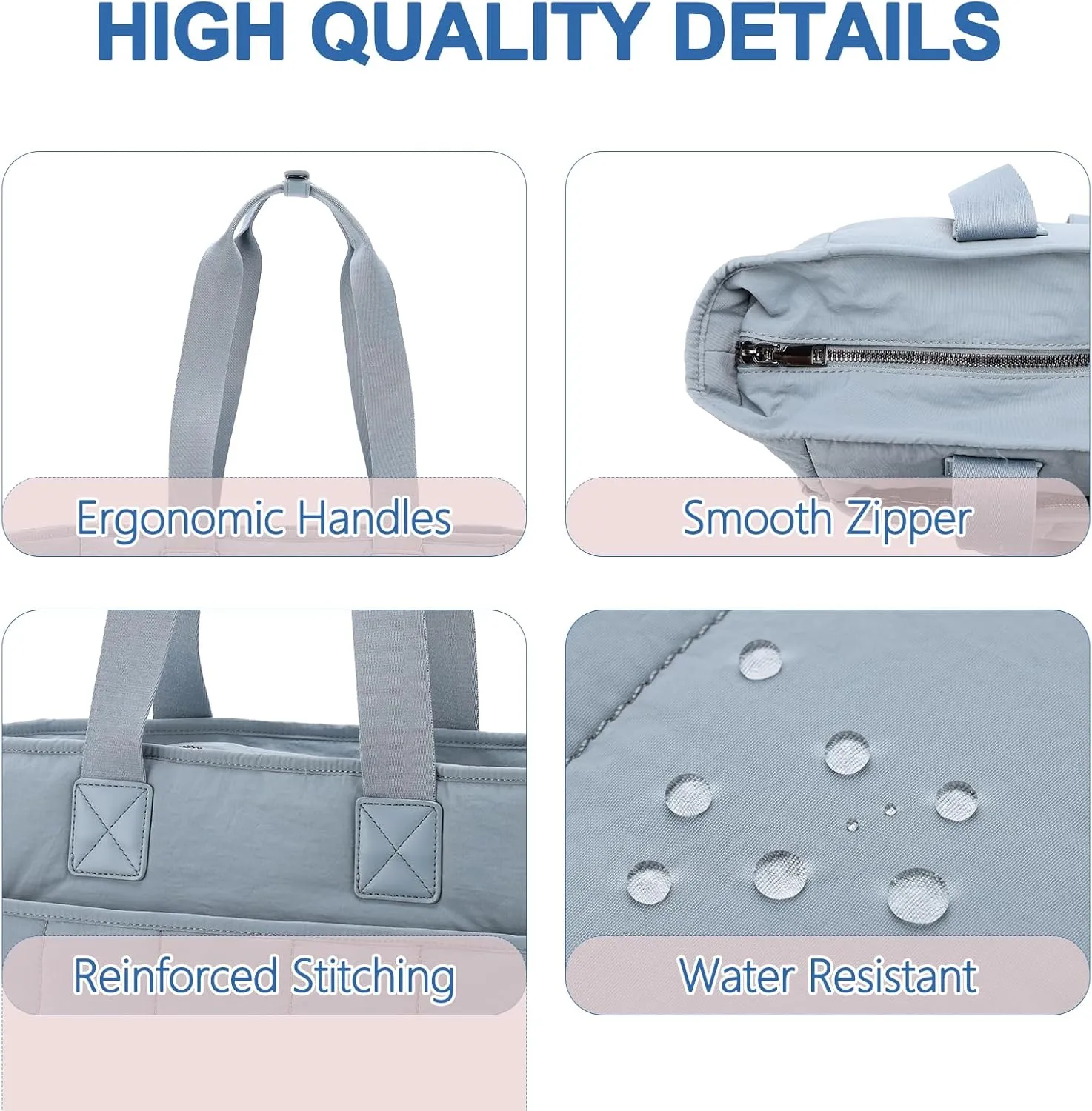 VASCHY Puffer Tote Bag for Women, Lightweight Quilted Tote Purse with Laptop Compartments Zipper for Work/Teacher/Travel/Gym Light Steel Blue