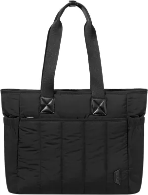 VASCHY Puffer Tote Bag for Women, Lightweight Utility Work Quilted Puffy Laptop Tote Purse with Compartments Zipper for Teachers/Travel/Everything Black