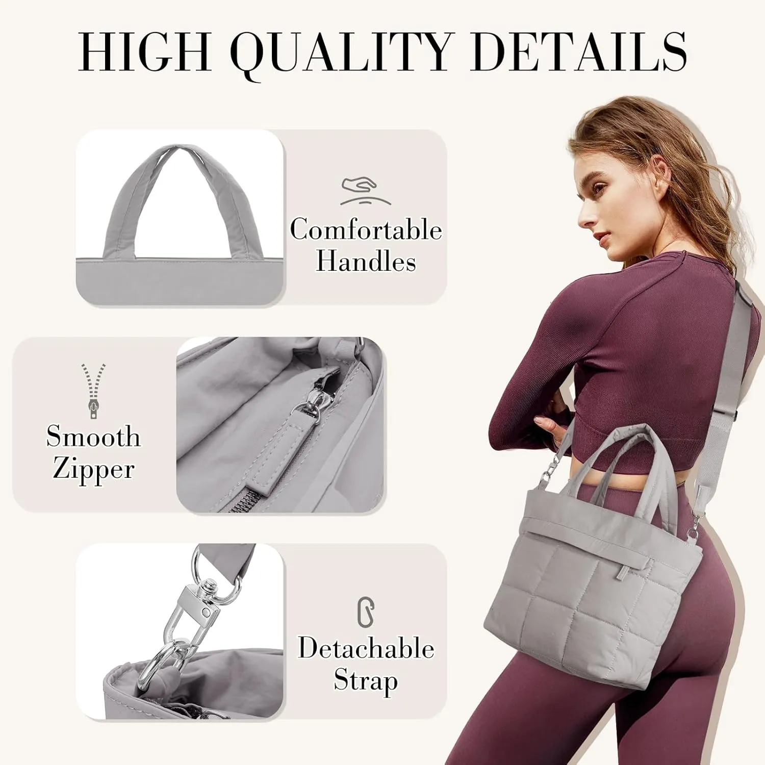 VASCHY Small Puffer Tote Bag for Women, Lightweight Mini Quilted Crossbody Cute Satchel Puffy Tote Handbag Purse for Gym