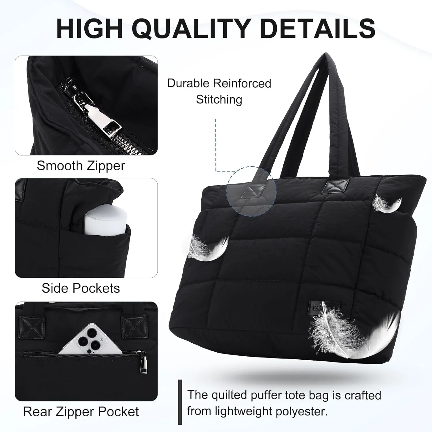 VASCHY Tote Bag for Women, Lightweight Quilted Puffer Work Tote Purse with Zipper for Nurse/Teacher/Travel/Gym