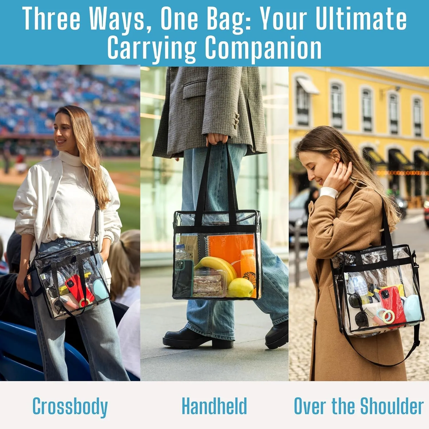 VENO 2 Pack Clear Bag for Stadium Events Approved, 12x6x12 Large Beach Tote Bags Transparent Crossbody Lunch Purse for Women