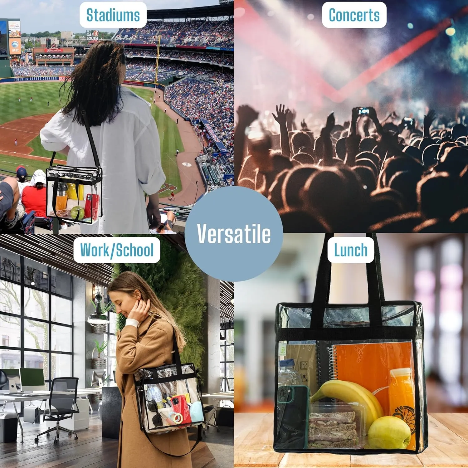 VENO 2 Pack Clear Bag for Stadium Events Approved, 12x6x12 Large Beach Tote Bags Transparent Crossbody Lunch Purse for Women
