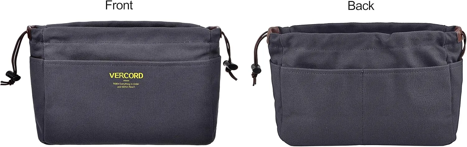 Vercord Canvas Handbag Organizers, Sturdy Purse Insert Organizer Bag in Bag, 10 Pockets Grey Small
