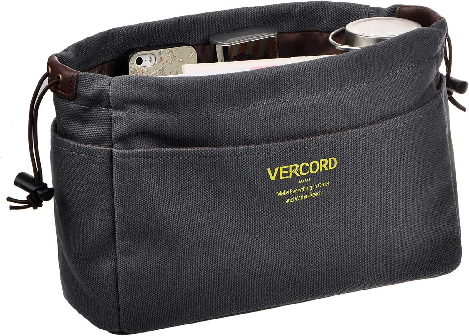 Vercord Canvas Handbag Organizers, Sturdy Purse Insert Organizer Bag in Bag, 10 Pockets Grey Small
