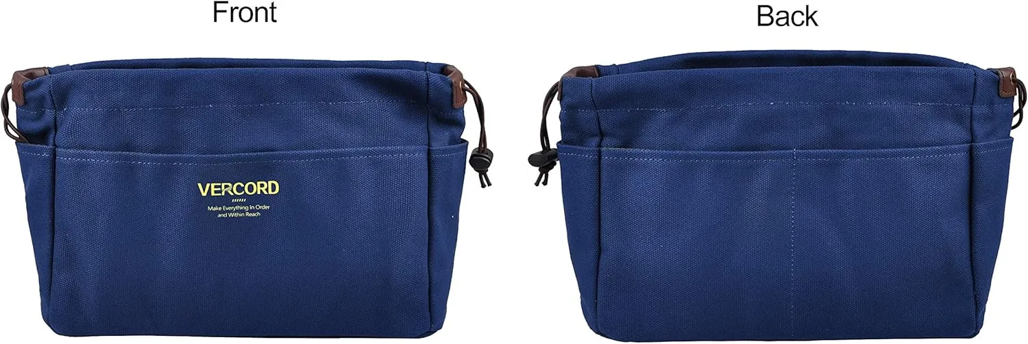 Vercord Canvas Handbag Organizers, Sturdy Purse Insert Organizer Bag in Bag, 10 Pockets Navy Blue Small
