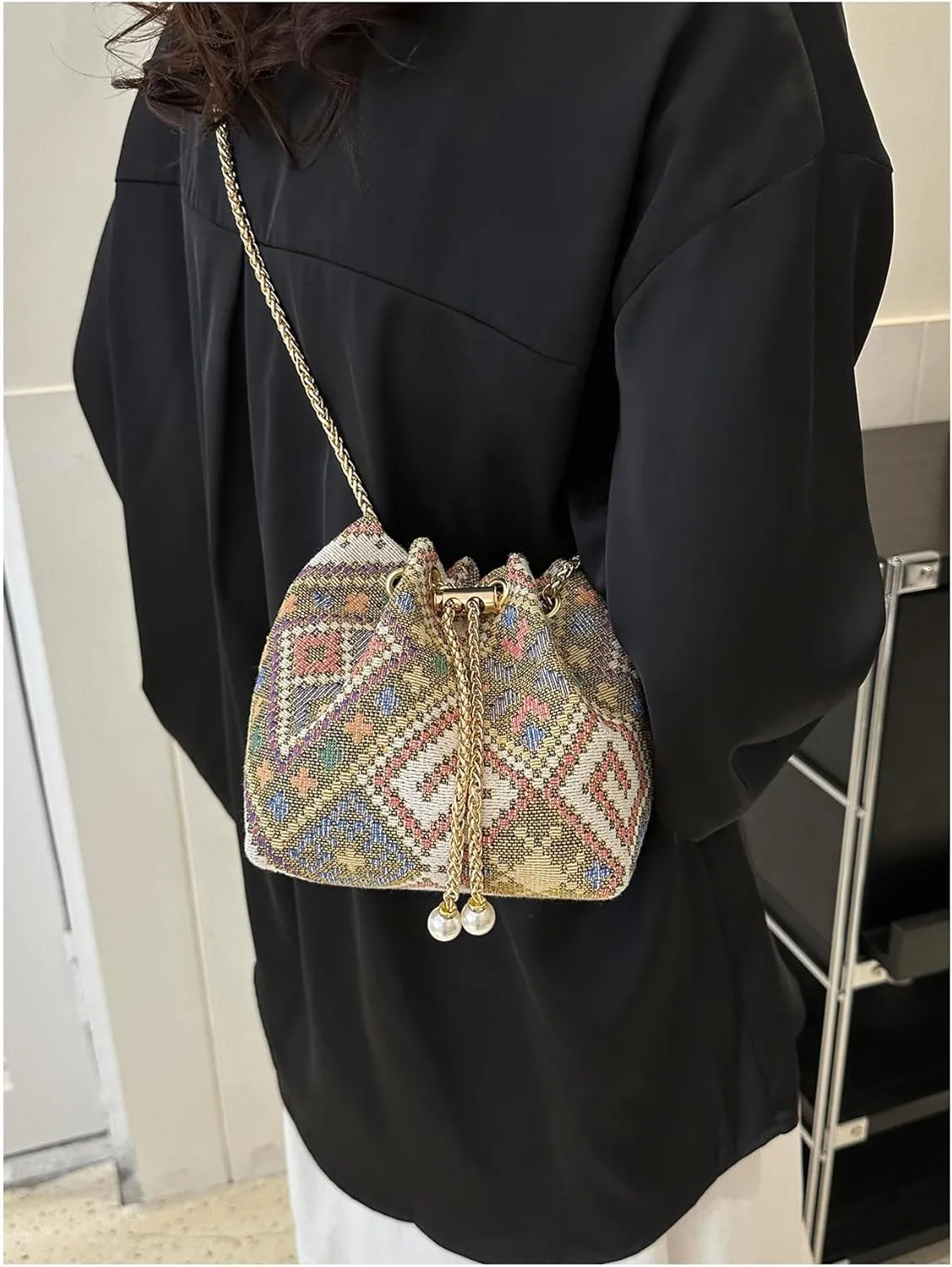Verdusa Mini Plaid Print Drawstring Tote Bags Casual Handbags Retro Handbag