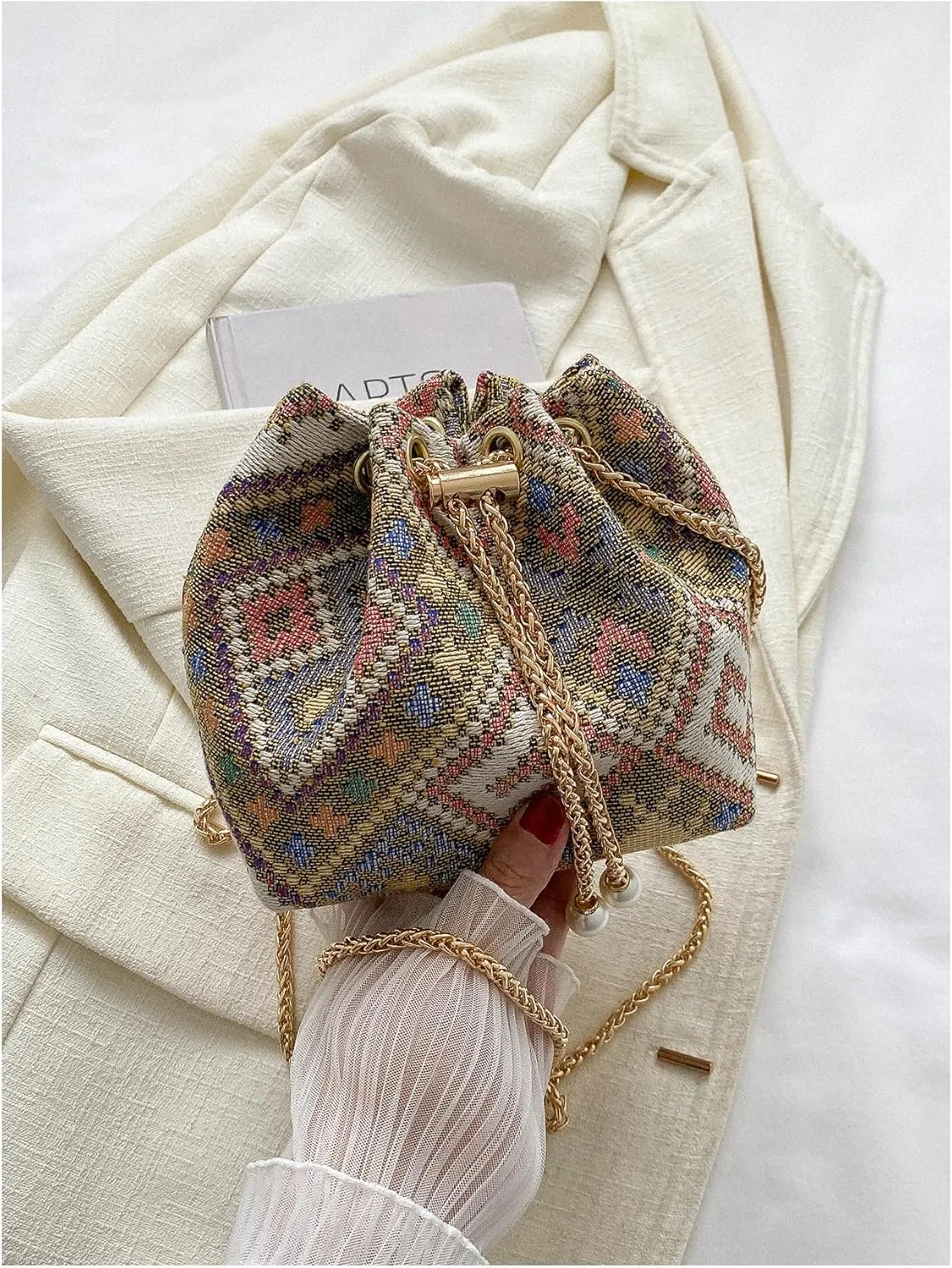 Verdusa Mini Plaid Print Drawstring Tote Bags Casual Handbags Retro Handbag