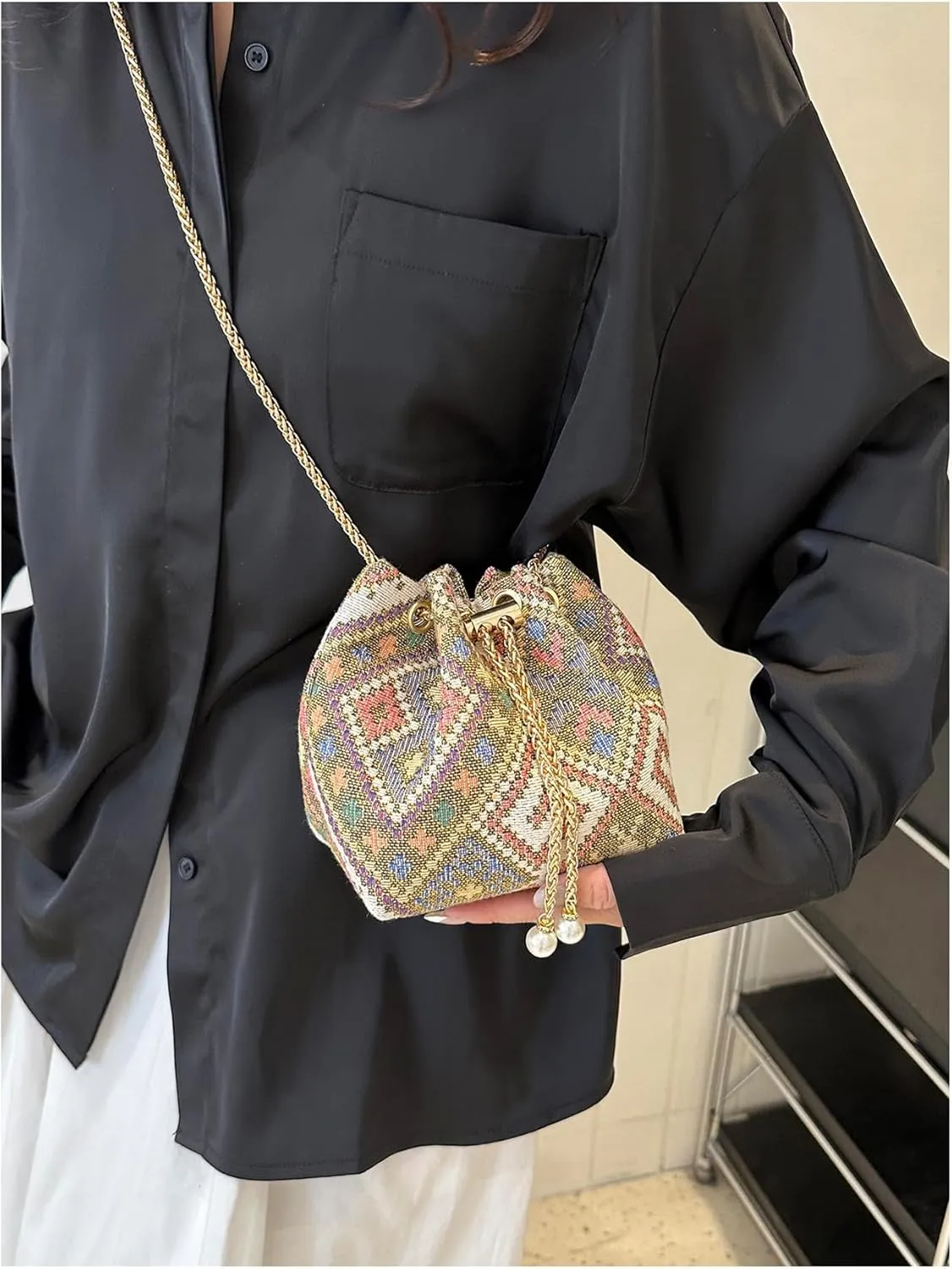 Verdusa Mini Plaid Print Drawstring Tote Bags Casual Handbags Retro Handbag