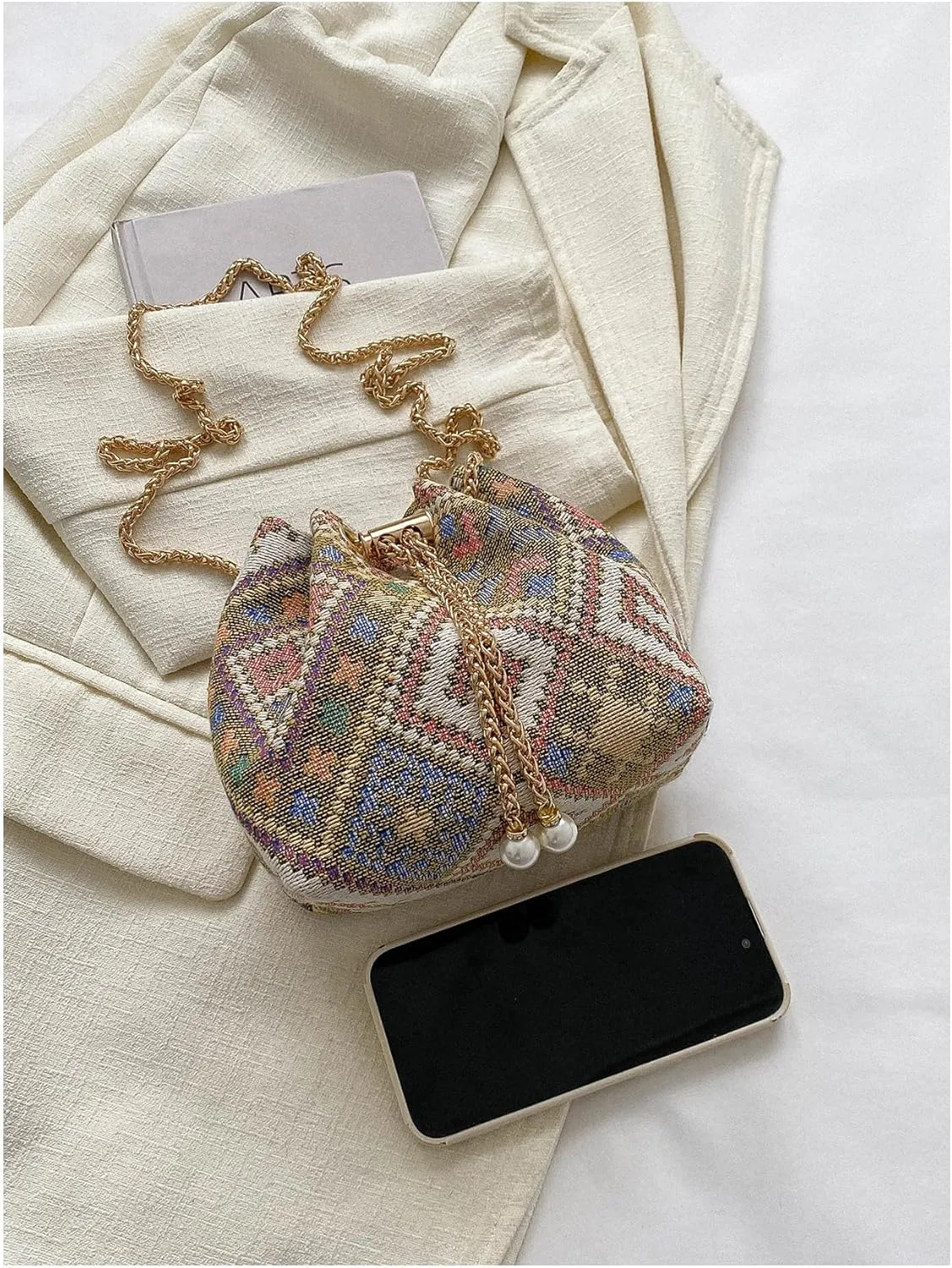 Verdusa Mini Plaid Print Drawstring Tote Bags Casual Handbags Retro Handbag