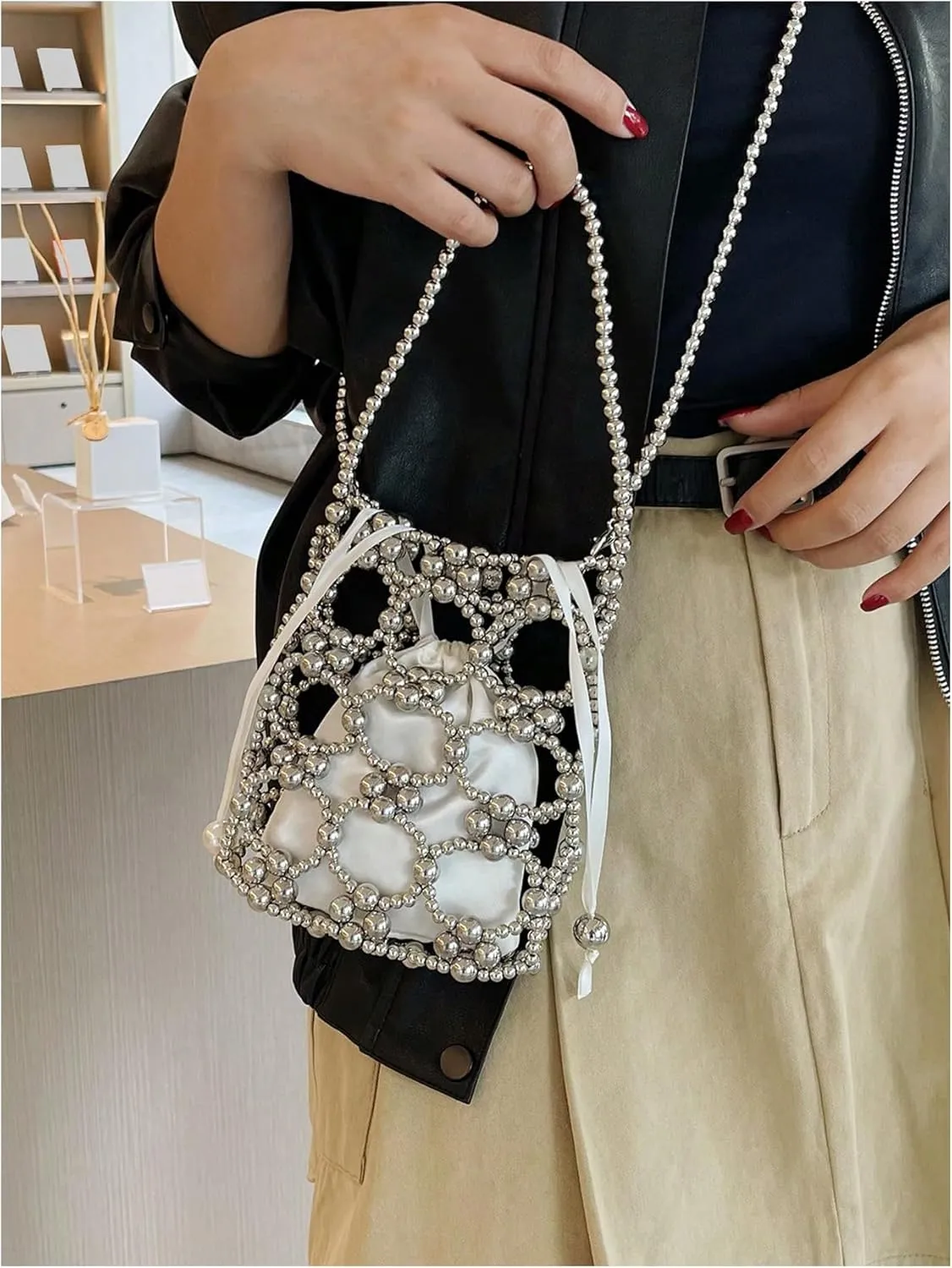Verdusa Women's Metallic Beaded Crossbody Bag Hollow Out Drawstring Handbags